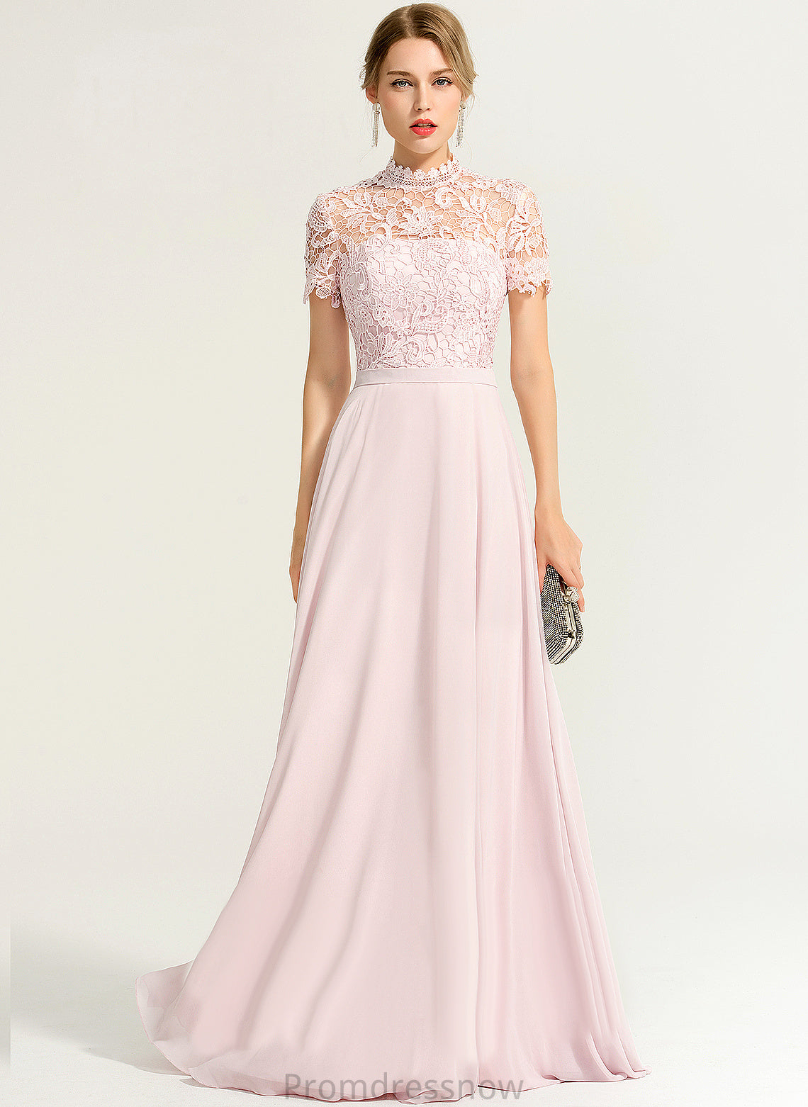 With Neck Floor-Length Sequins Chiffon A-Line Lace Tara Prom Dresses High