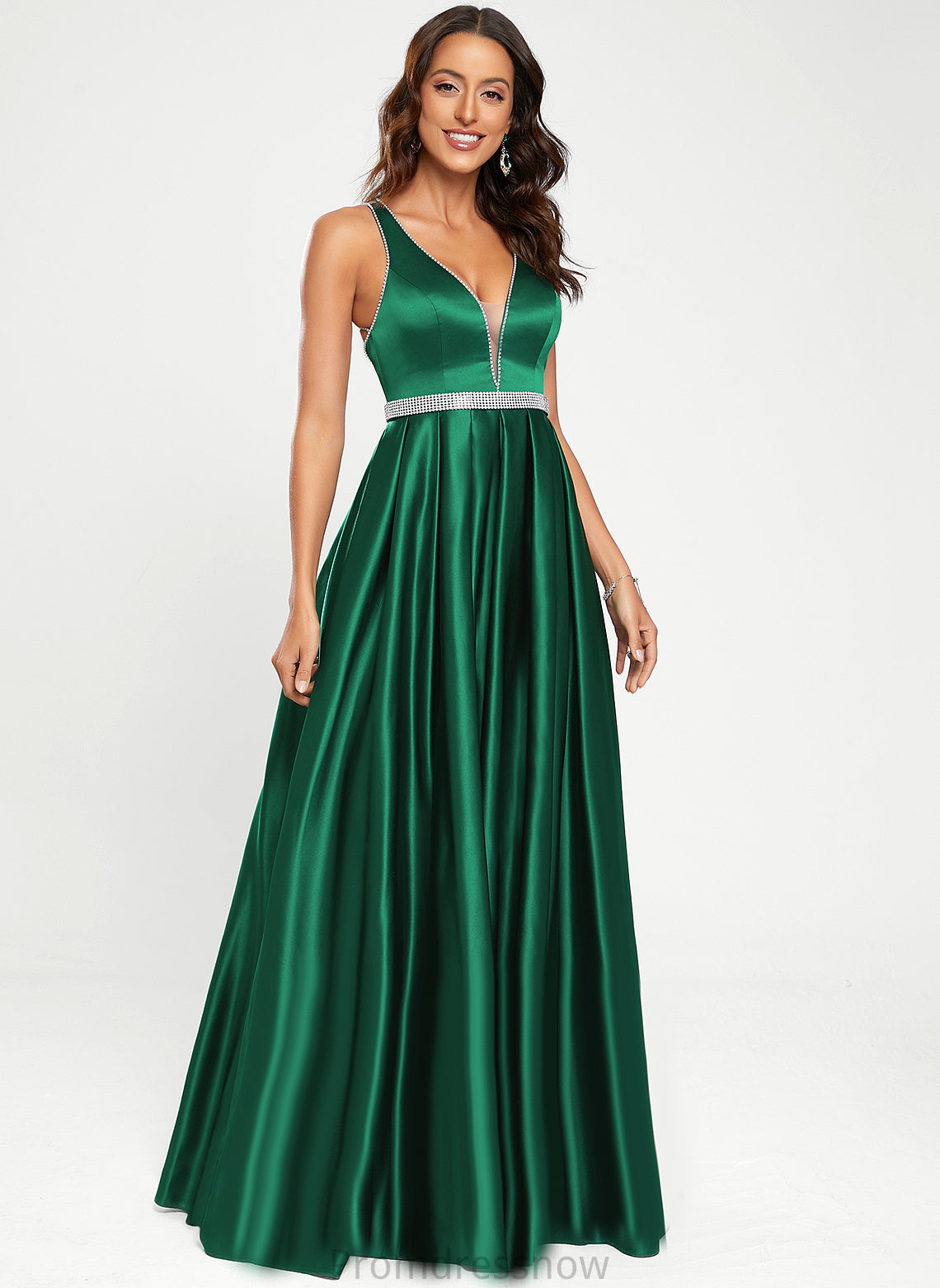 With Beading A-Line Floor-Length Prom Dresses V-neck Jazmin Satin