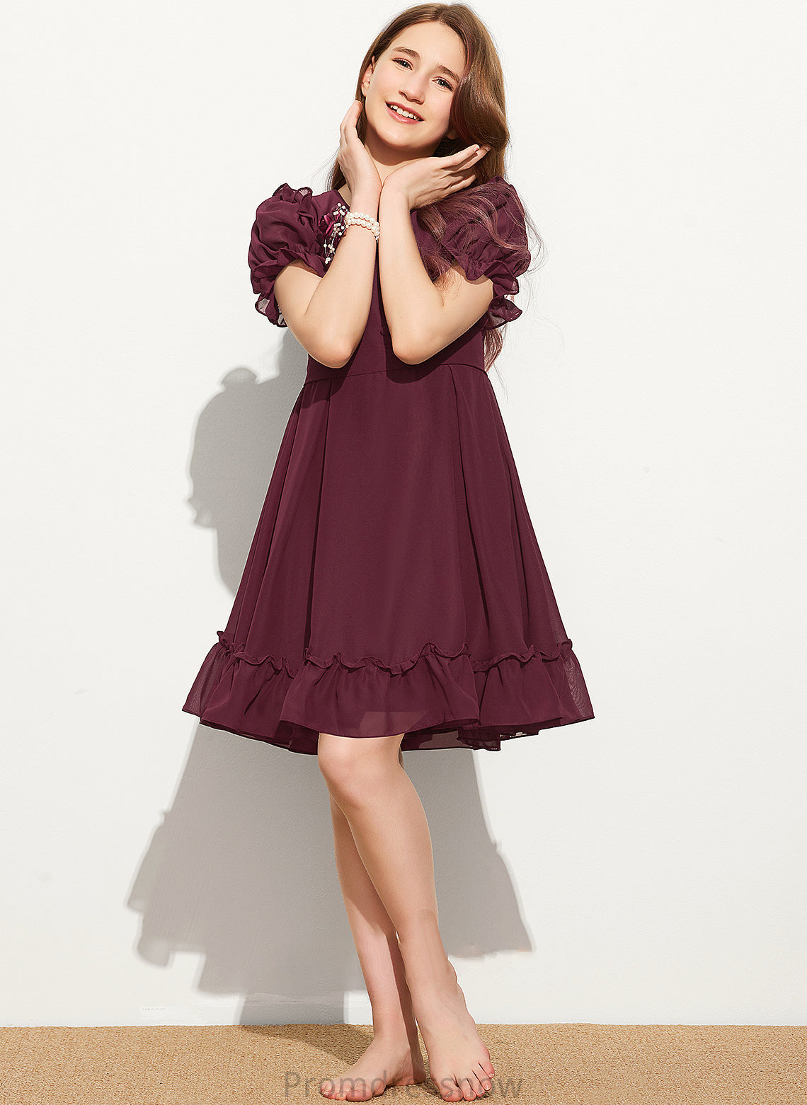 With Neck Paige A-Line Ruffles Knee-Length Junior Bridesmaid Dresses Chiffon Cascading Bow(s) Scoop