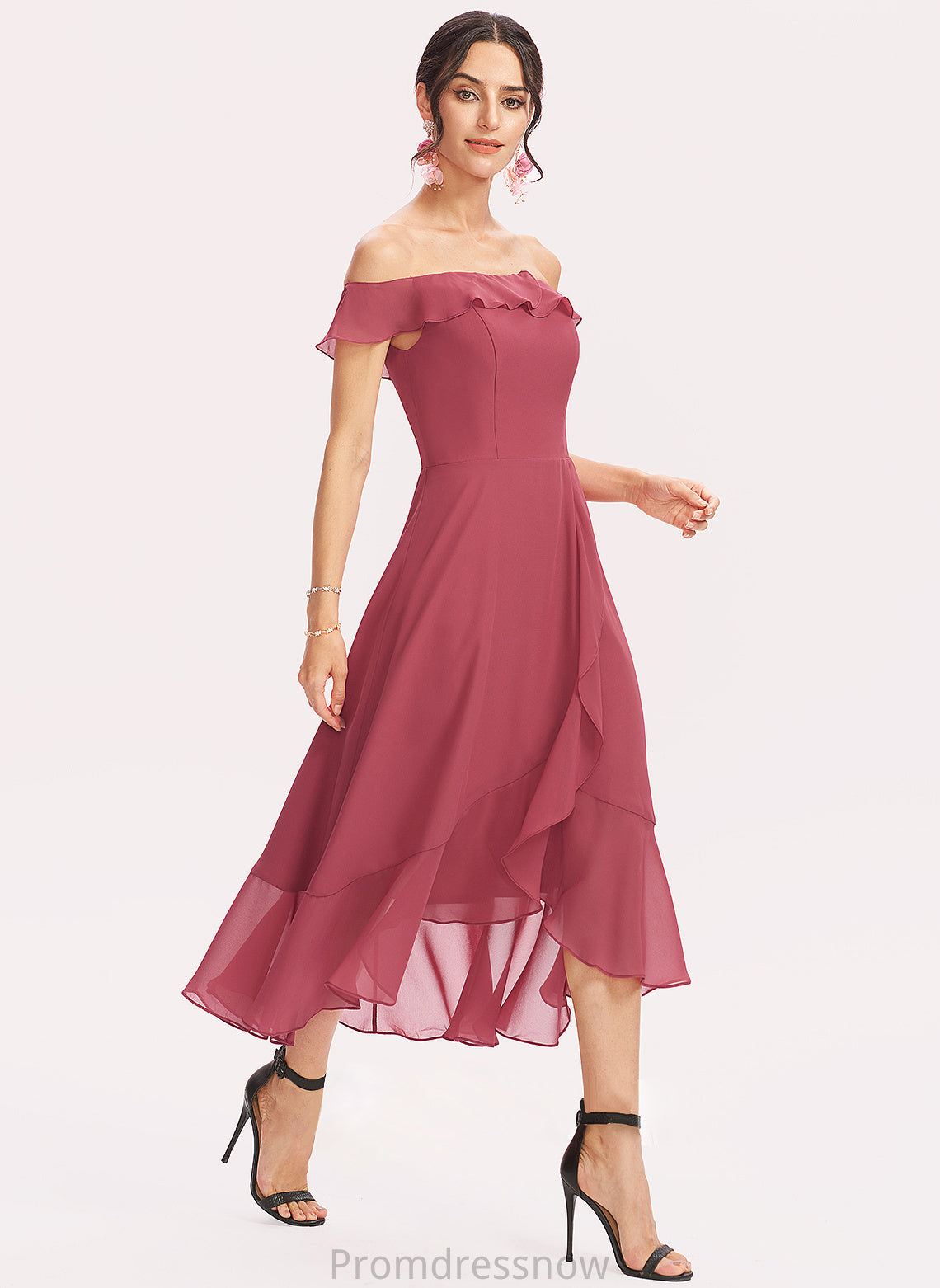 Off-the-Shoulder Fabric Tea-Length A-Line Length CascadingRuffles Neckline Embellishment Silhouette Yasmin A-Line/Princess Natural Waist Bridesmaid Dresses