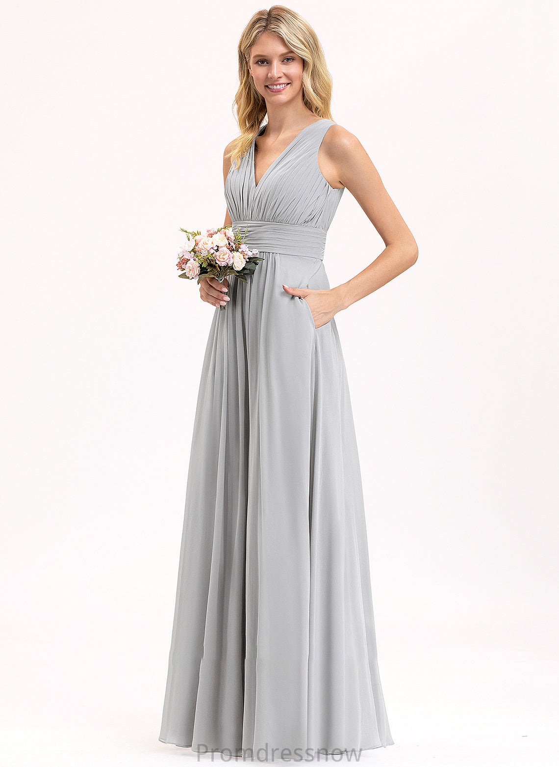 Embellishment A-Line Fabric V-neck Bow(s) Silhouette Ruffle Length Floor-Length Neckline Pockets Elisabeth Bridesmaid Dresses