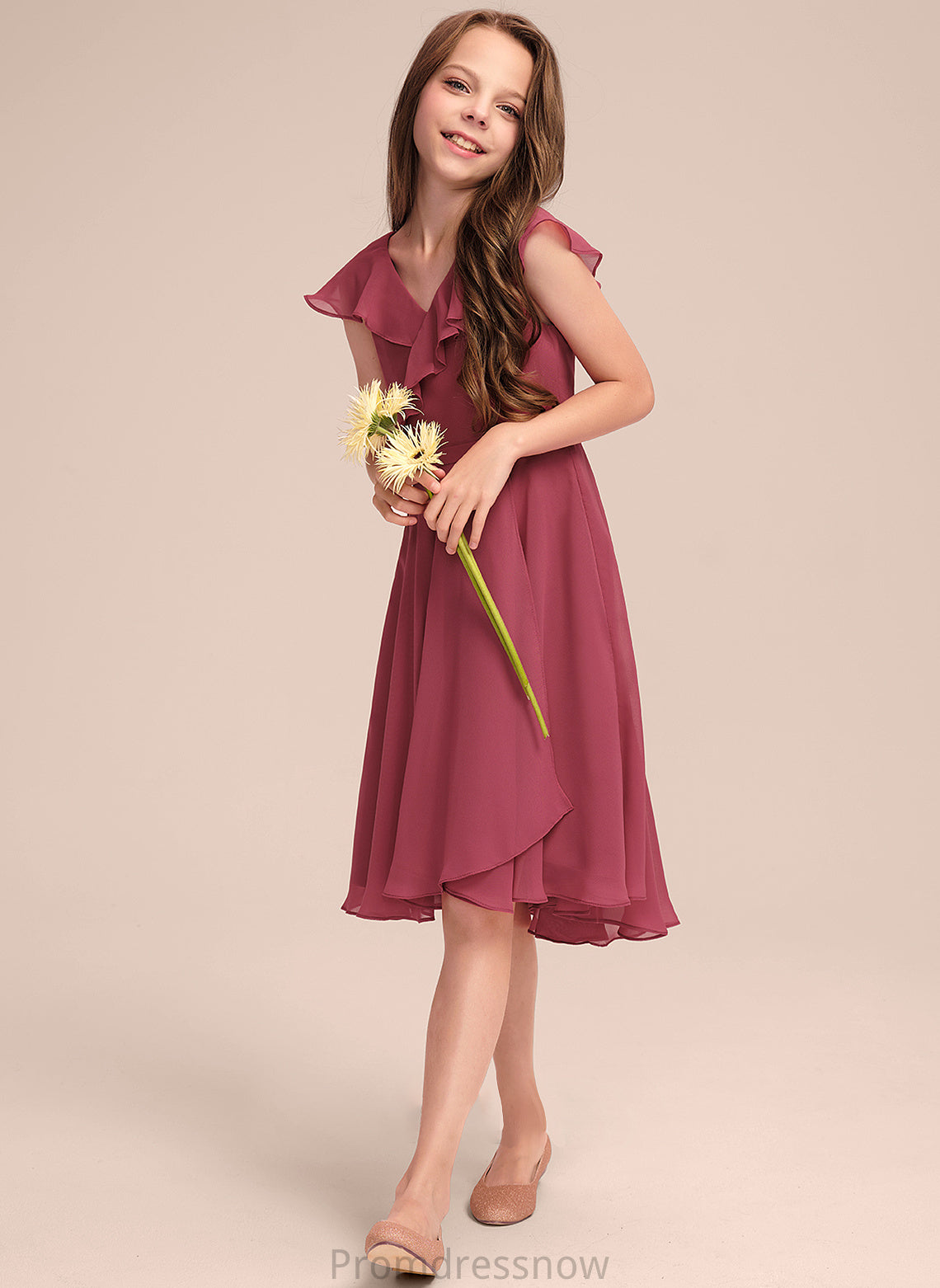 Ashleigh Asymmetrical Junior Bridesmaid Dresses V-neck A-Line With Chiffon Cascading Ruffles