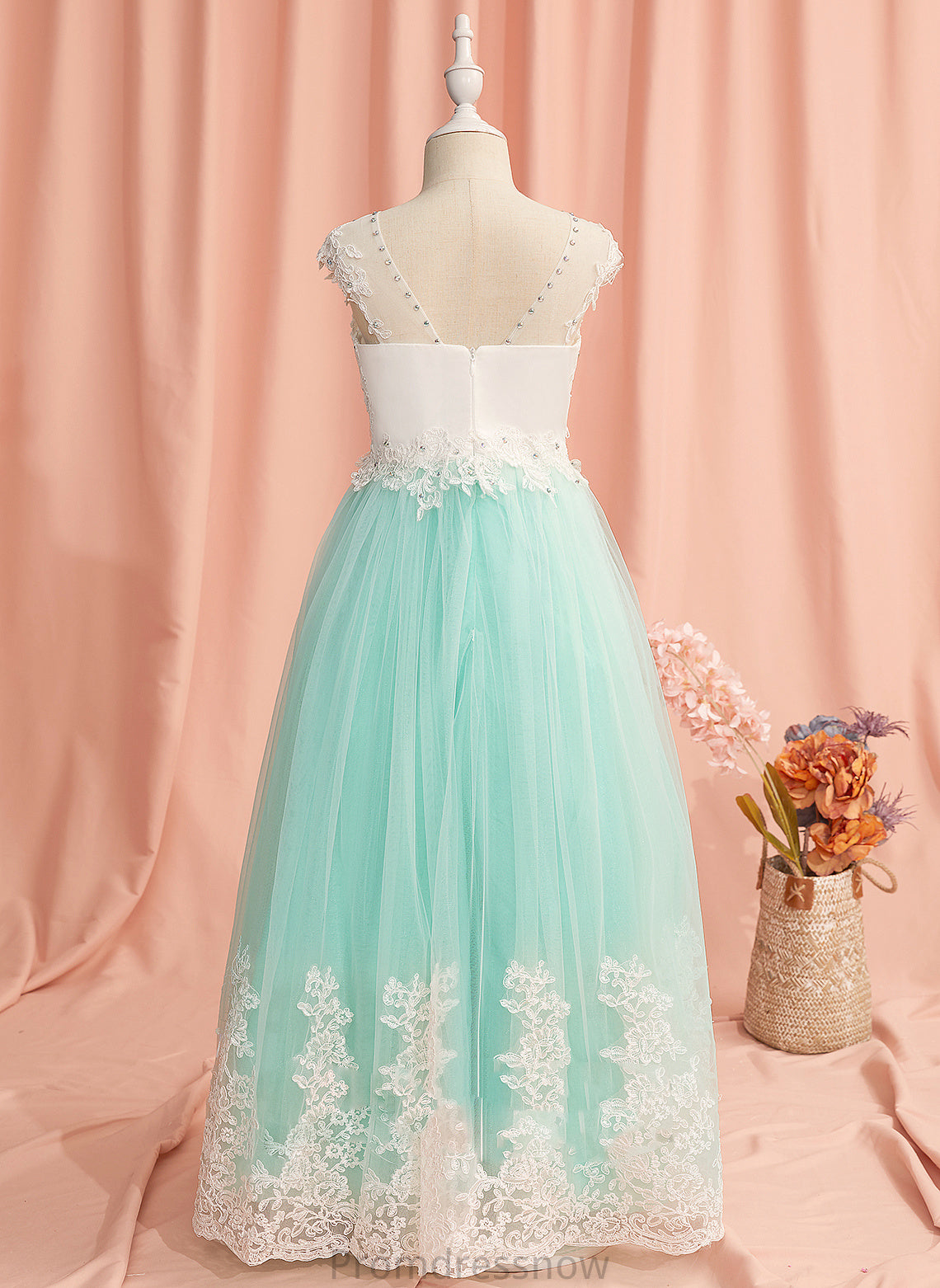 Girl Neck Ball-Gown/Princess Flower Floor-length Lace/Beading/Bow(s)/V Flower Girl Dresses Dress Back Scoop Nayeli Tulle With Sleeveless -