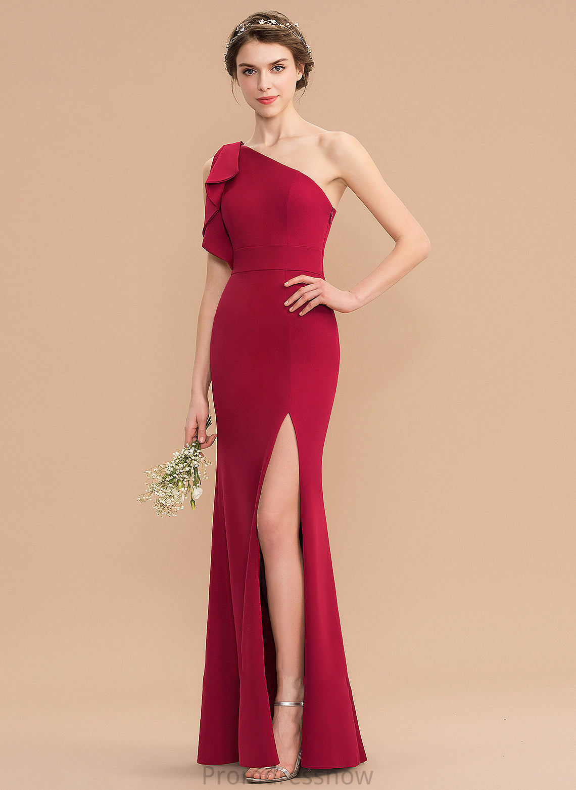 SplitFront Embellishment Silhouette One-Shoulder Fabric Neckline Length Floor-Length Sheath/Column Laurel Sleeveless Natural Waist Bridesmaid Dresses