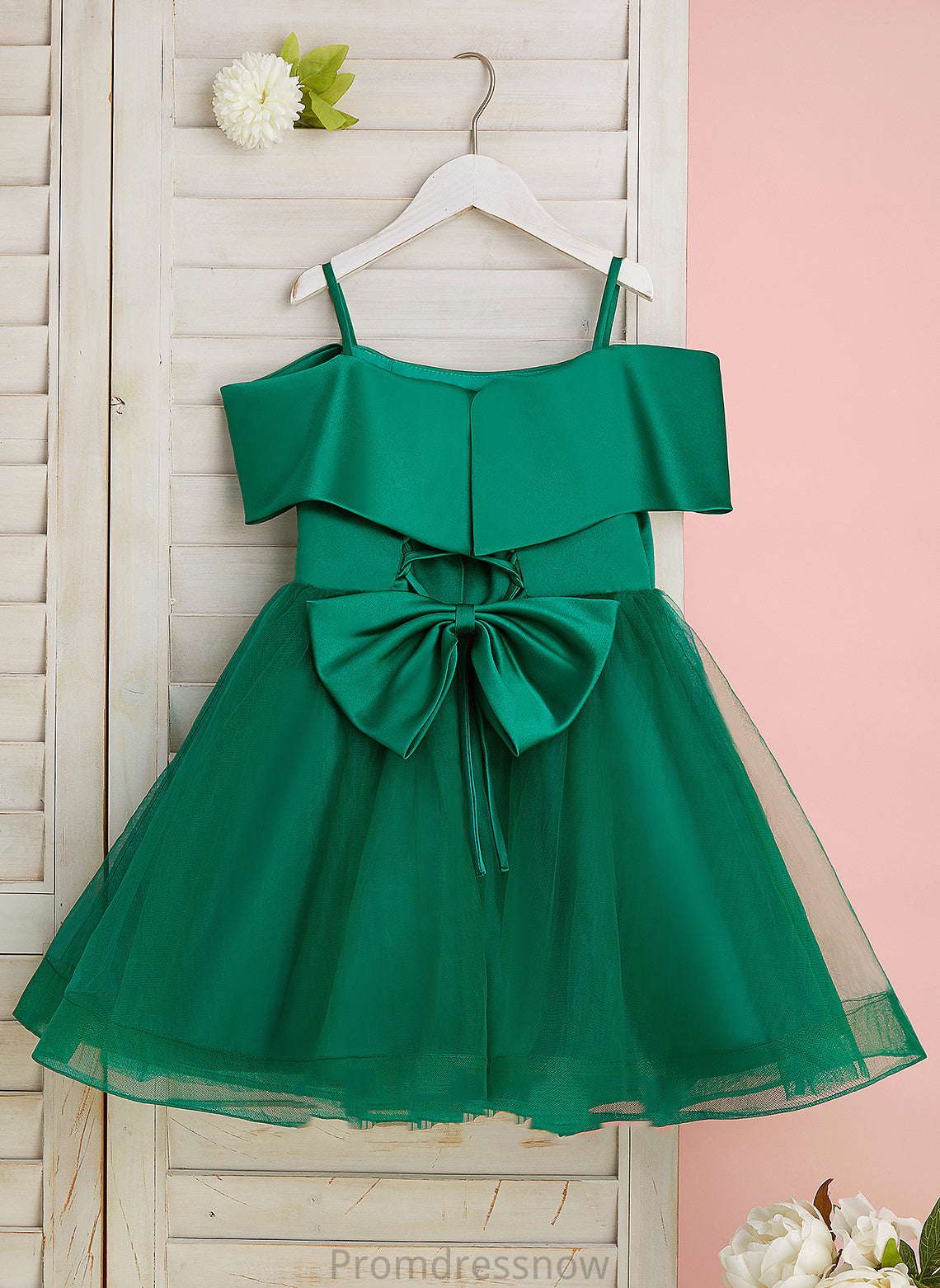 Sleeveless Satin/Tulle A-Line Girl Off-the-Shoulder Dress - Bow(s) With Flower Knee-length Andrea Flower Girl Dresses