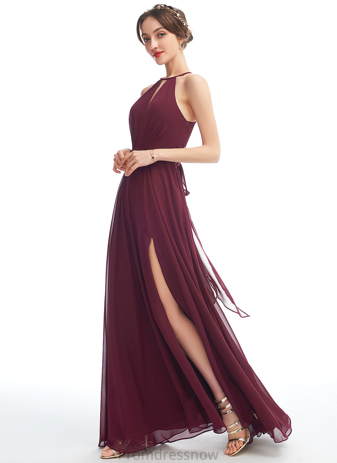 SplitFront Embellishment Length A-Line Halter Floor-Length Neckline Fabric Silhouette Jaslyn Spaghetti Staps Sleeveless Bridesmaid Dresses