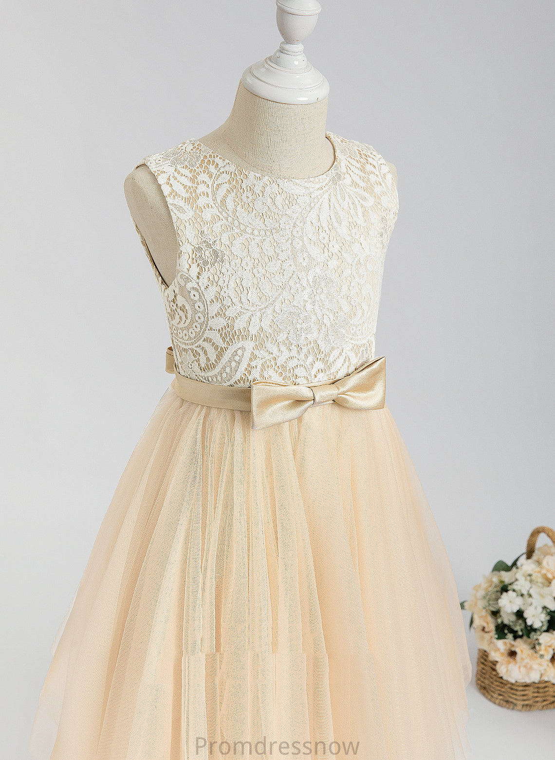 Dress Lace/Bow(s) With Flower Flower Girl Dresses - Neck Scalloped Tulle Sleeveless Girl Mckenna Tea-length A-Line