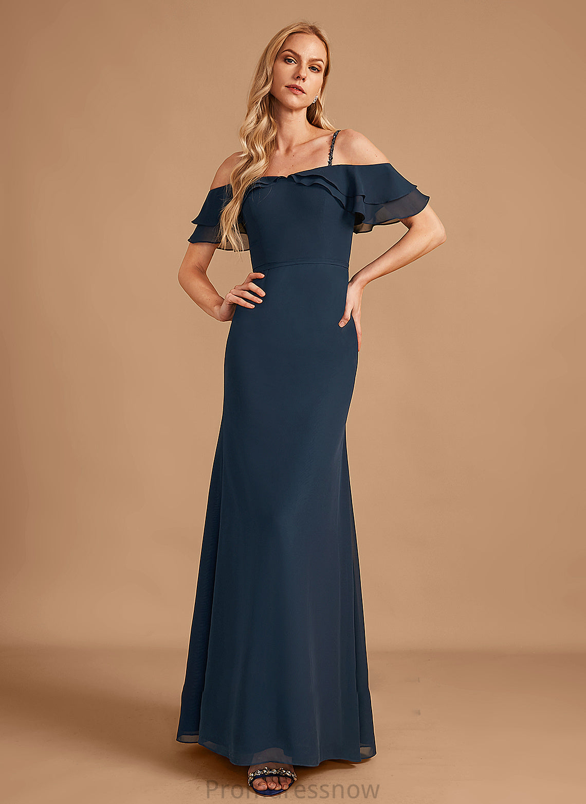 Silhouette Fabric Sheath/Column Embellishment Beading Floor-Length Off-the-Shoulder Neckline Length Ruffle Kinsley V-Neck Bridesmaid Dresses