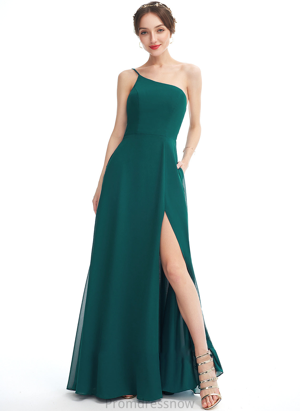 Floor-Length Neckline SplitFront Embellishment One-Shoulder Silhouette A-Line Pockets Fabric Length Thea Sleeveless Bridesmaid Dresses