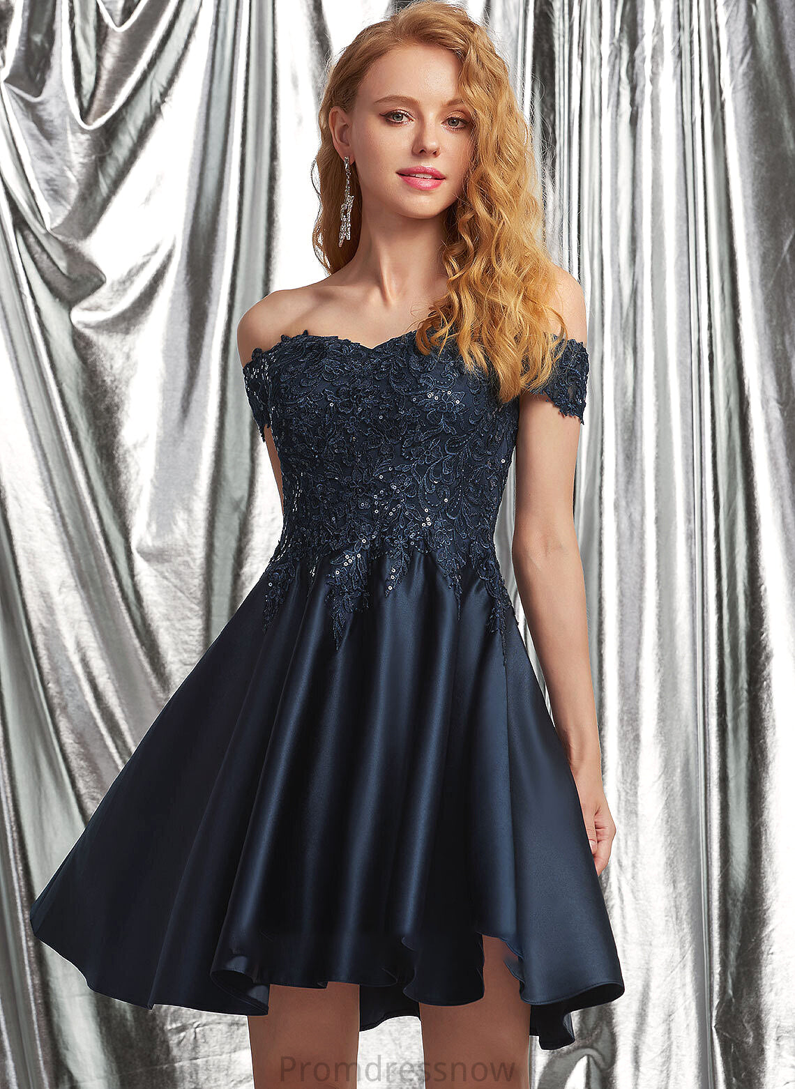 With A-Line Satin Short/Mini Off-the-Shoulder Prom Dresses Sequins Lace Hedda