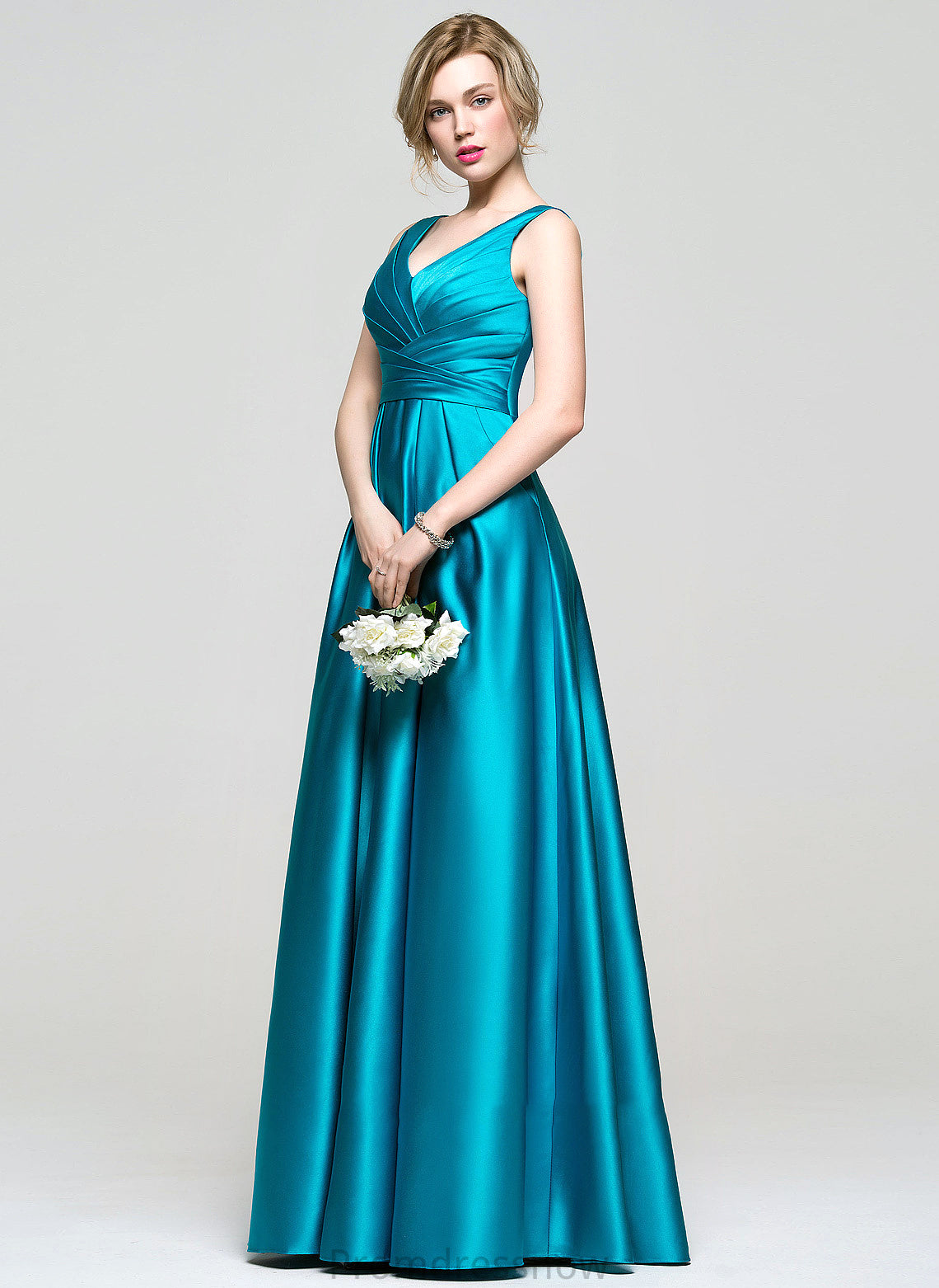 With V-neck Ball-Gown/Princess Prom Dresses Satin Silvia Pockets Floor-Length Ruffle