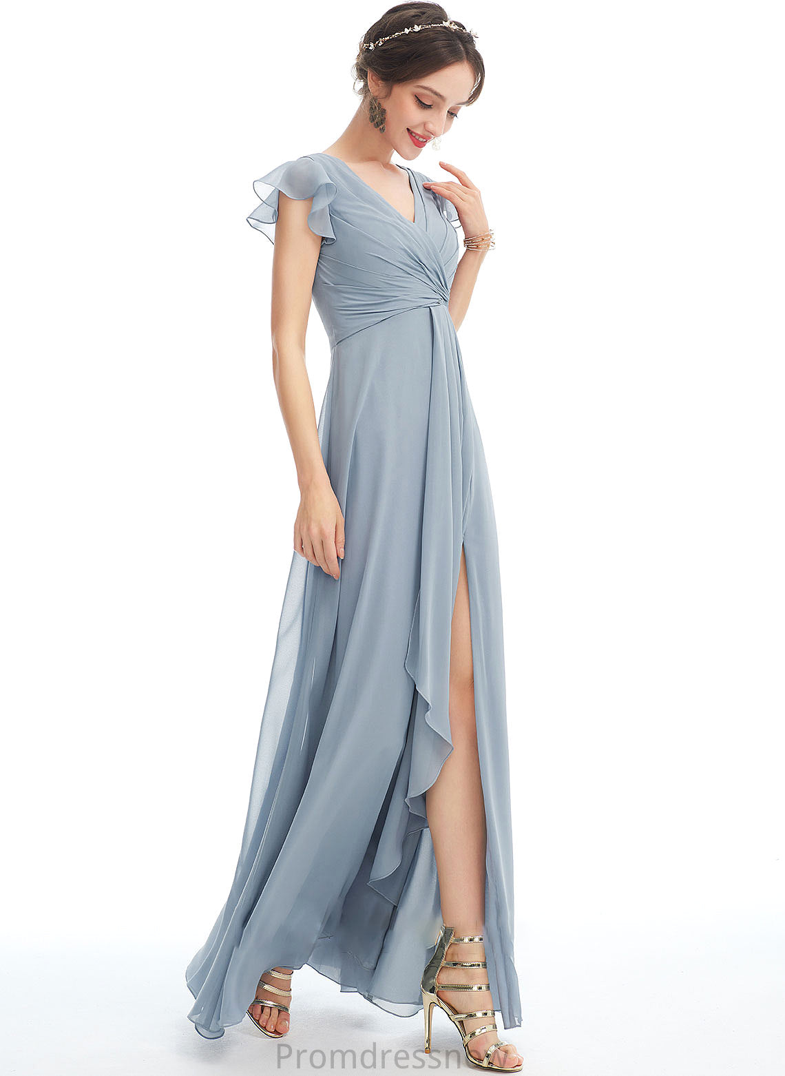 Fabric V-neck Ruffle Length Silhouette Floor-Length A-Line SplitFront Embellishment Neckline Jada Floor Length Bridesmaid Dresses