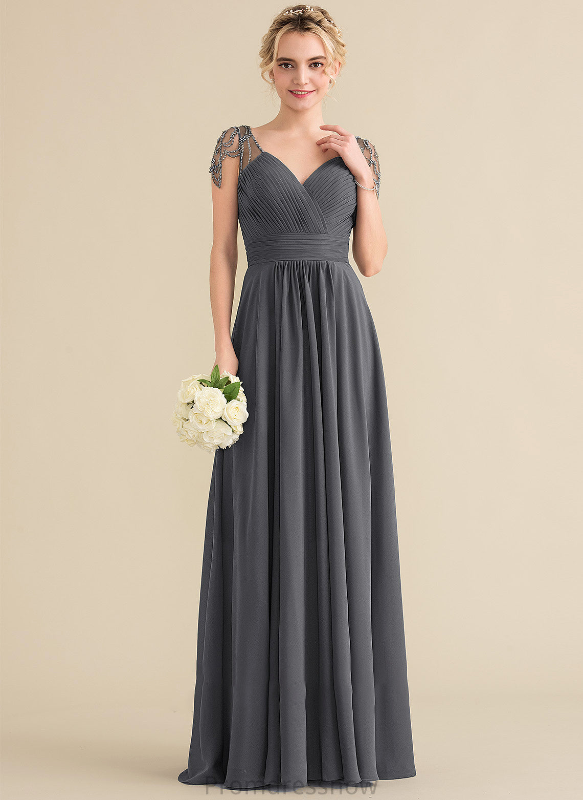 Floor-Length V-neck Beading Fabric Silhouette Sequins Embellishment Neckline A-Line Length Ruffle Lyric Bridesmaid Dresses