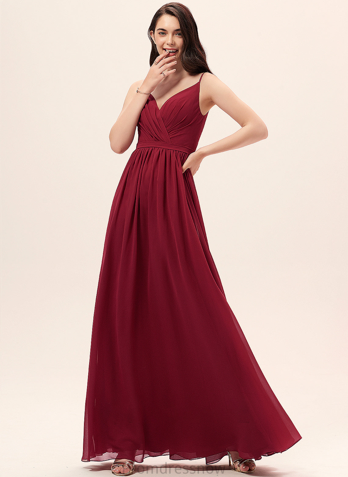 Neckline A-Line Lace V-neck Embellishment Silhouette Fabric Ruffle Floor-Length Length Scarlet Sleeveless Bridesmaid Dresses