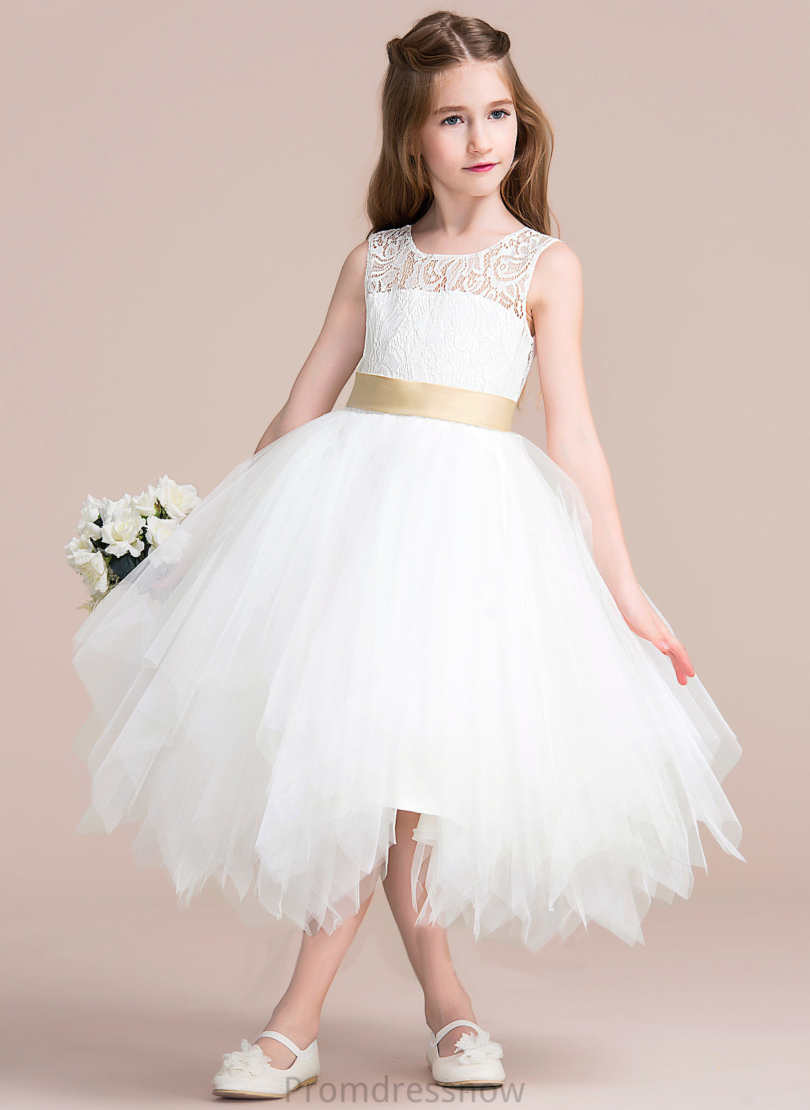 Tulle/Lace Virginia Dress With sash) Sleeveless Girl Tea-length (Detachable Hole Flower Girl Dresses Sash/Back A-Line - Scoop Flower Neck