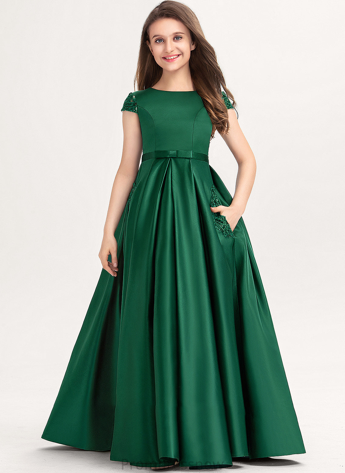 Floor-Length Lace Satin Ball-Gown/Princess Scoop Neck Bow(s) With Junior Bridesmaid Dresses Jean Pockets