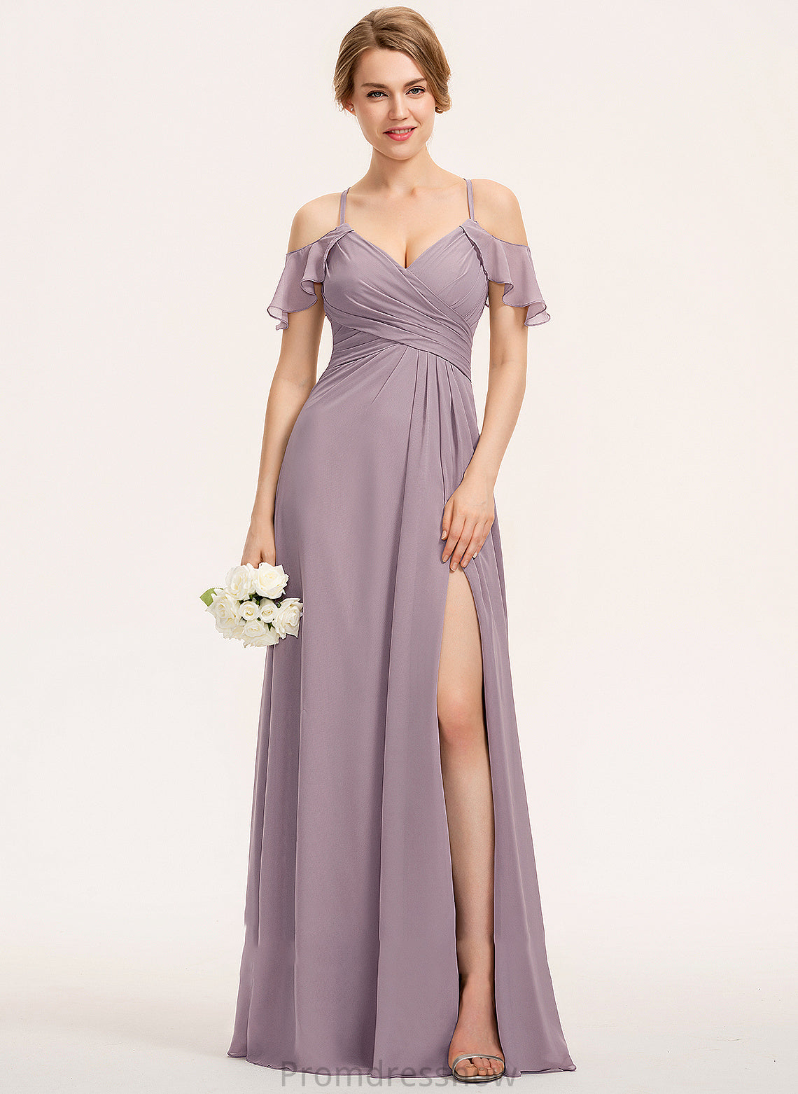 A-Line V-neck Embellishment Ruffle CascadingRuffles Fabric Floor-Length Silhouette SplitFront Length Neckline Adyson Bridesmaid Dresses