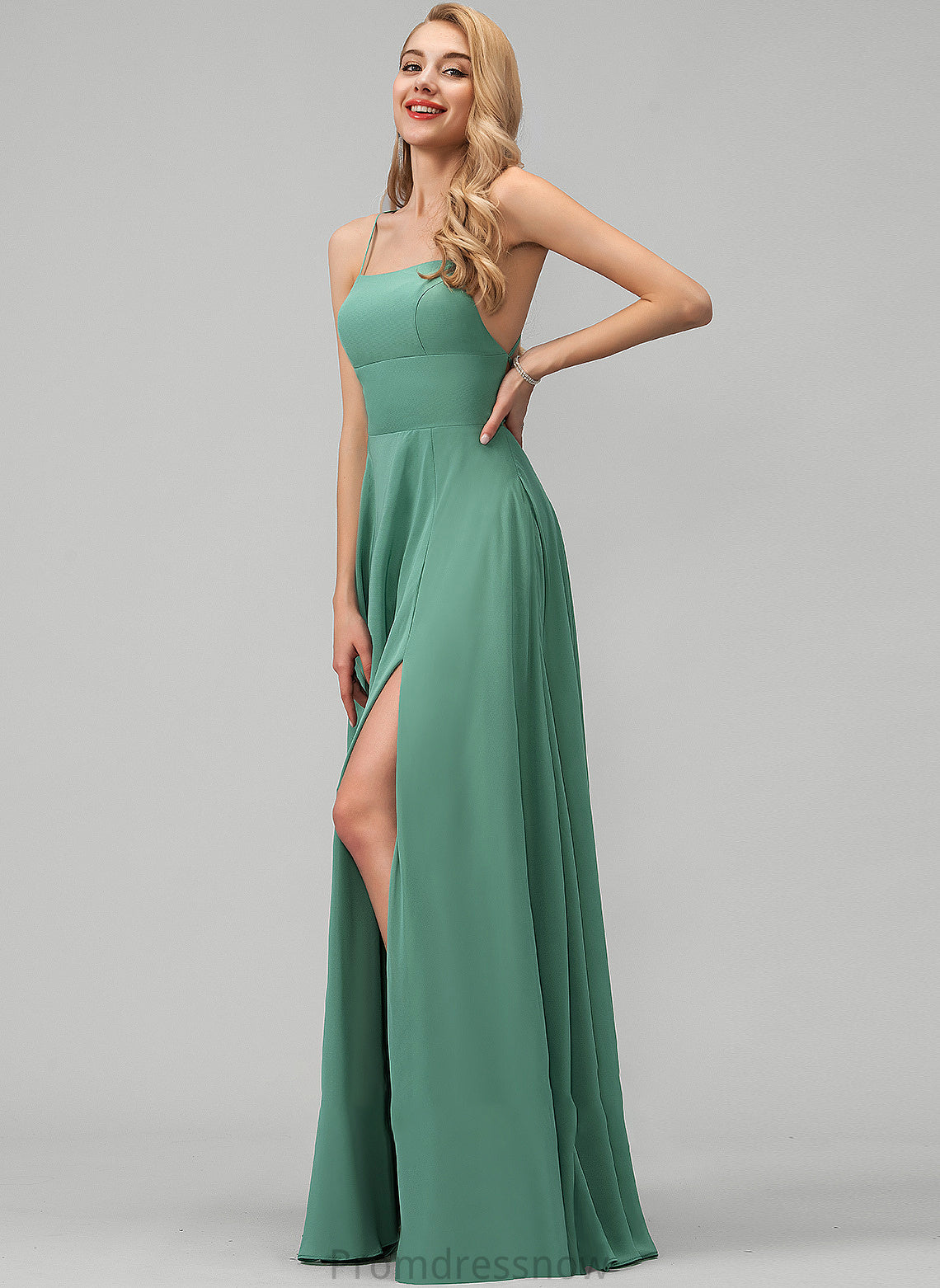 Length SplitFront SquareNeckline Fabric Neckline Embellishment A-Line Floor-Length Silhouette Pockets Megan Scoop Bridesmaid Dresses