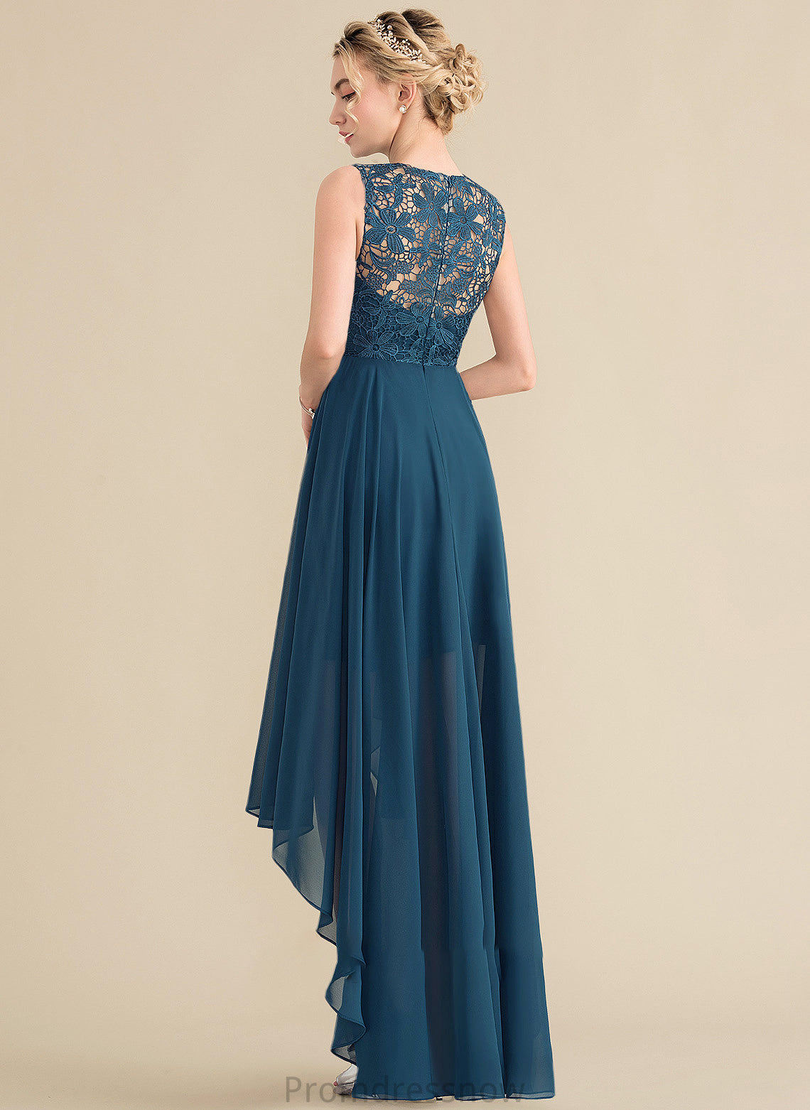 Neckline Asymmetrical Straps A-Line Silhouette Lace ScoopNeck Fabric Length Elsie Natural Waist V-Neck Bridesmaid Dresses