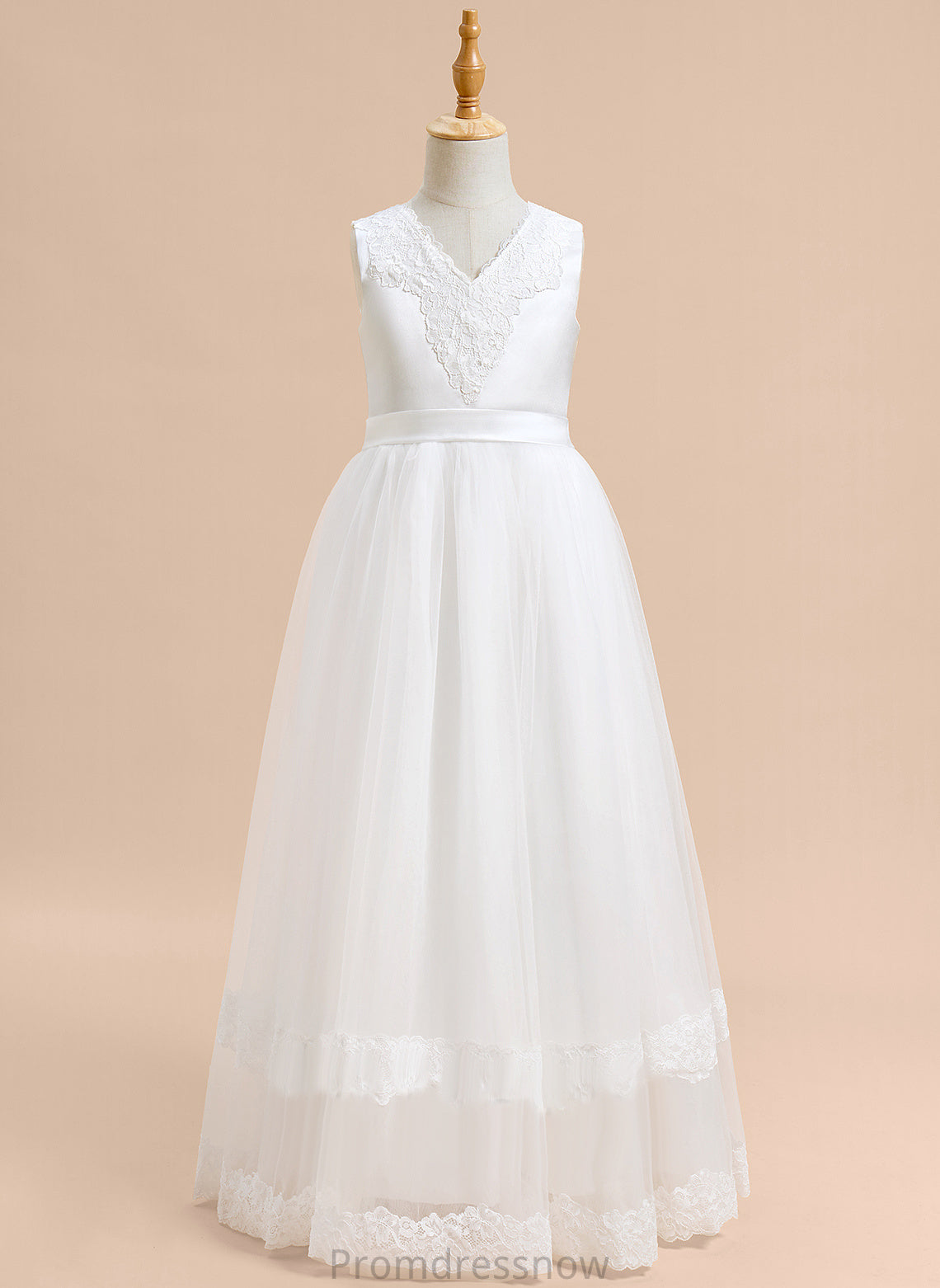 Flower Girl Dresses With - Floor-length Sleeveless Girl Lace/Bow(s) Annabelle V-neck Flower Dress Tulle Ball-Gown/Princess