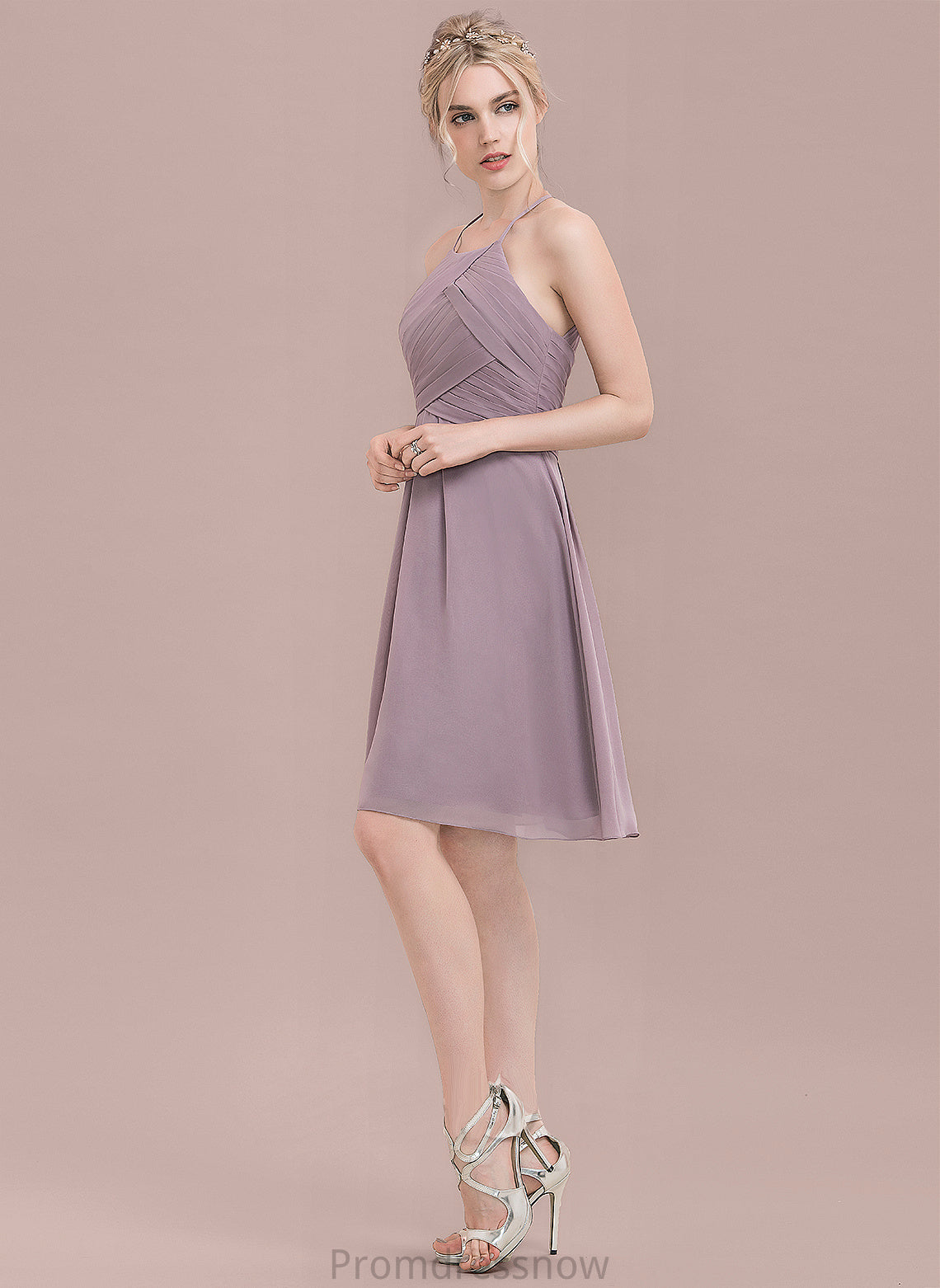 ScoopNeck Length Knee-Length Ruffle Silhouette Embellishment Neckline Fabric A-Line Mavis Sleeveless Natural Waist Bridesmaid Dresses