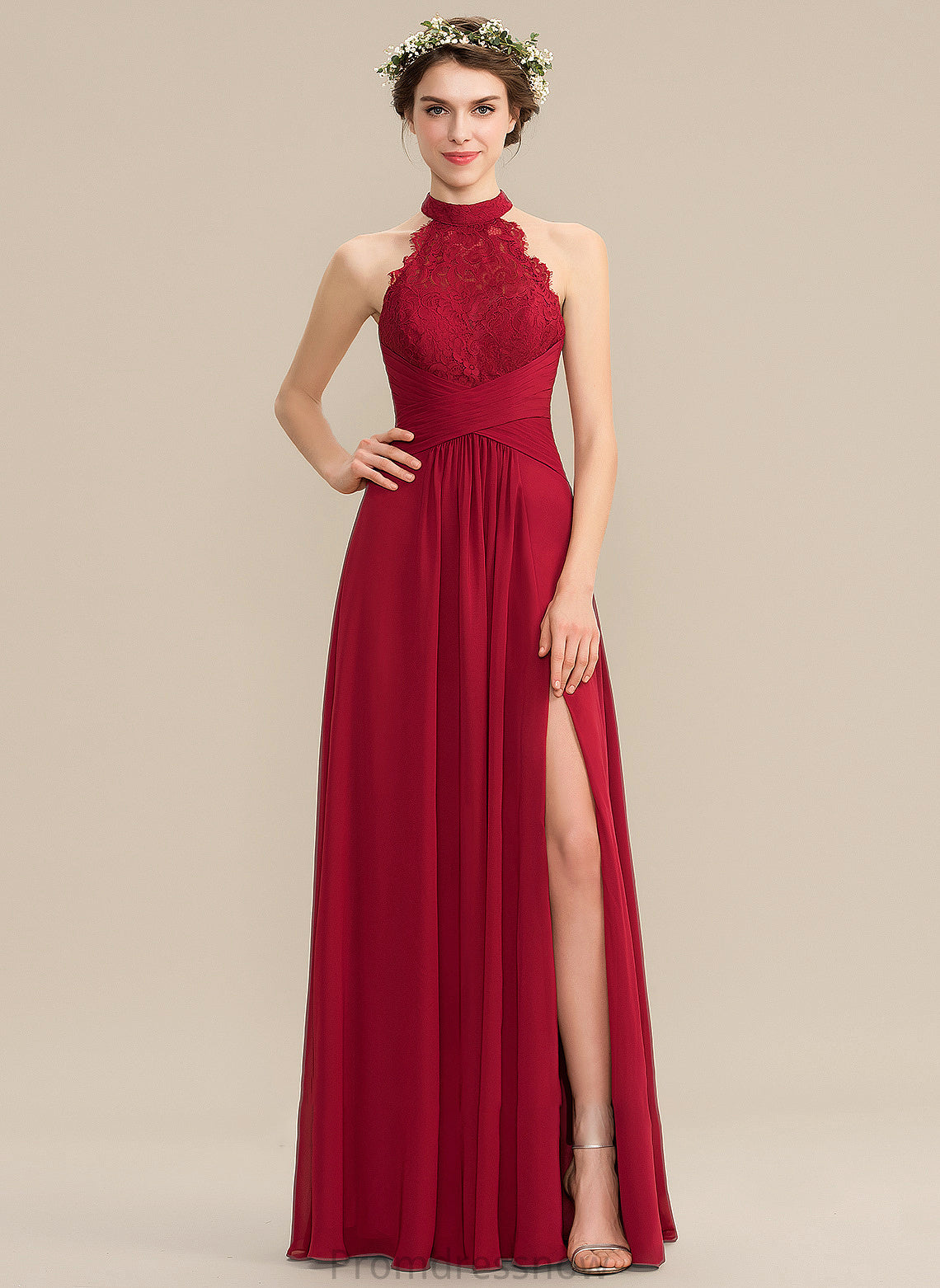 Floor-Length Fabric Ruffle SplitFront HighNeck Length Silhouette Neckline A-Line Embellishment Crystal Knee Length Bridesmaid Dresses