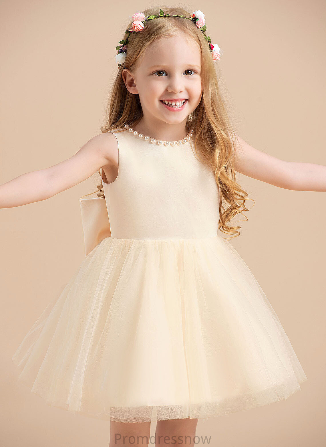 Flower Girl Dresses Knee-length - Scoop Beading Satin/Tulle Kaiya Dress Sleeveless Neck Flower A-Line With Girl