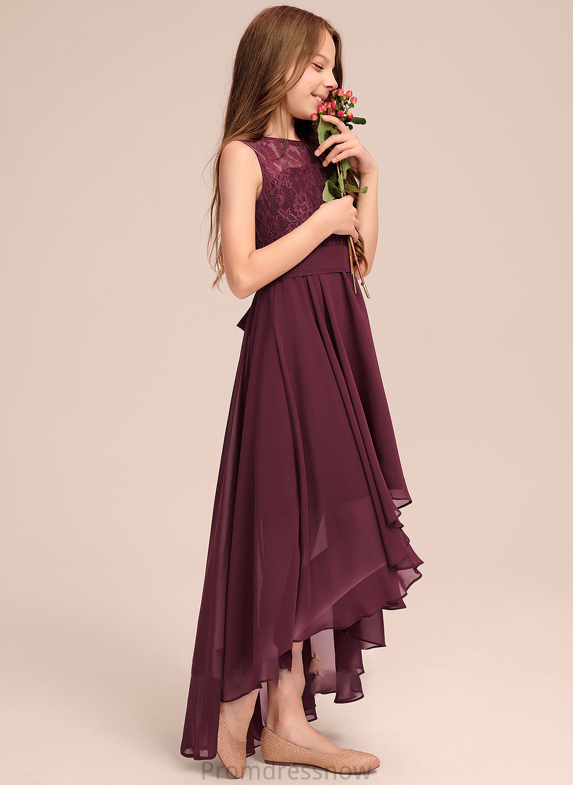 Chiffon Jillian Scoop Asymmetrical Junior Bridesmaid Dresses With Neck A-Line Lace Bow(s)