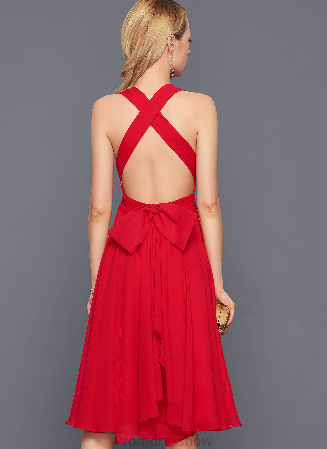 With Chiffon Knee-Length Dress Mara Bow(s) Ruffle Cocktail A-Line V-neck Cocktail Dresses