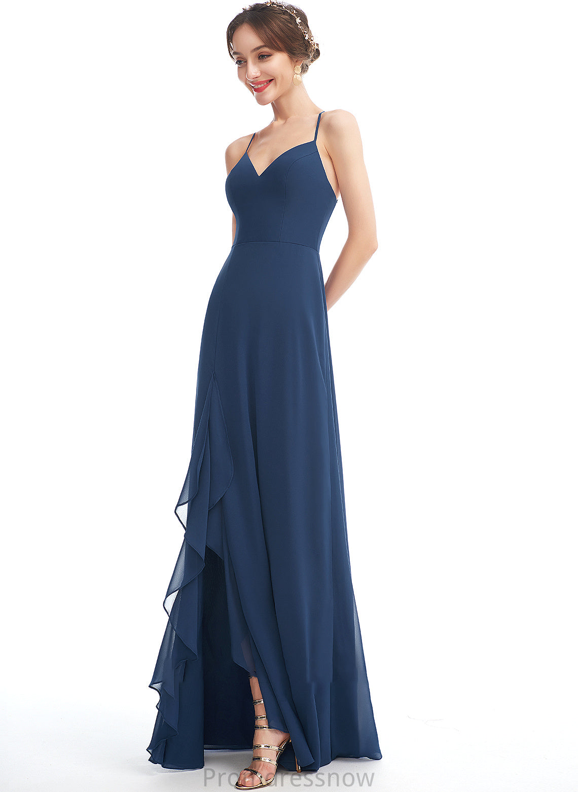 Floor-Length Neckline Embellishment Length SplitFront Silhouette Ruffle V-neck Fabric A-Line Martina Sleeveless Bridesmaid Dresses