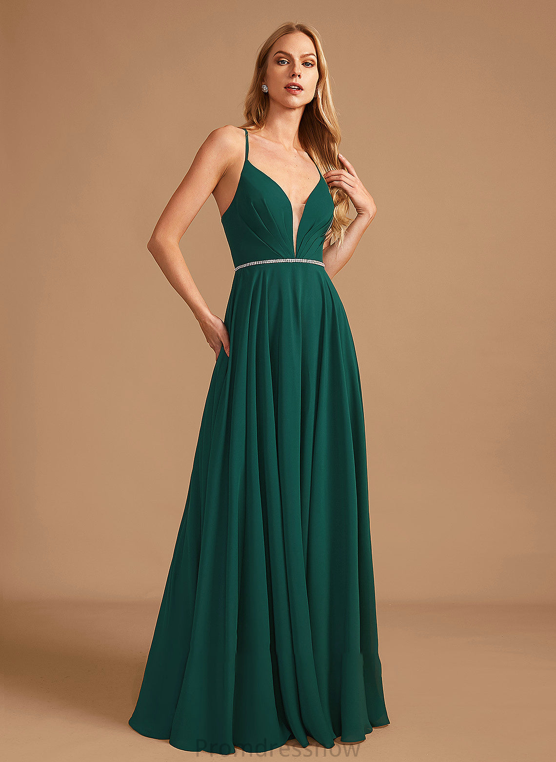 V-neck Floor-Length Neckline Fabric Embellishment A-Line Silhouette Length Beading Paityn Sleeveless Natural Waist Bridesmaid Dresses