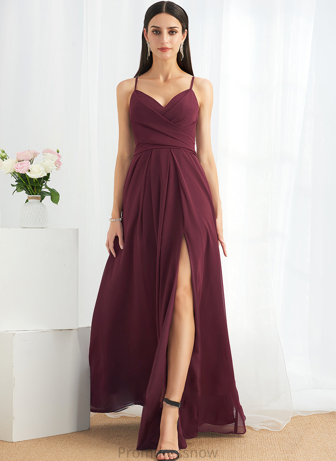 A-Line Embellishment SplitFront Fabric Floor-Length Silhouette V-neck Ruffle Length Neckline Talia V-Neck Bridesmaid Dresses