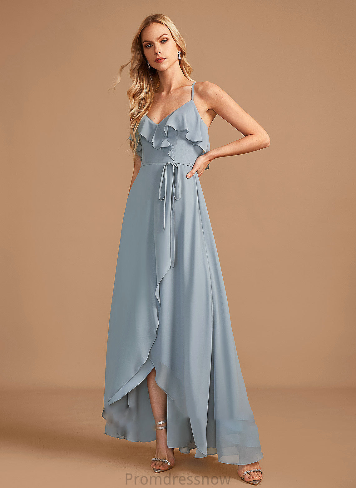 Embellishment Silhouette V-neck A-Line Neckline Fabric Length Asymmetrical Ruffle Parker Bridesmaid Dresses