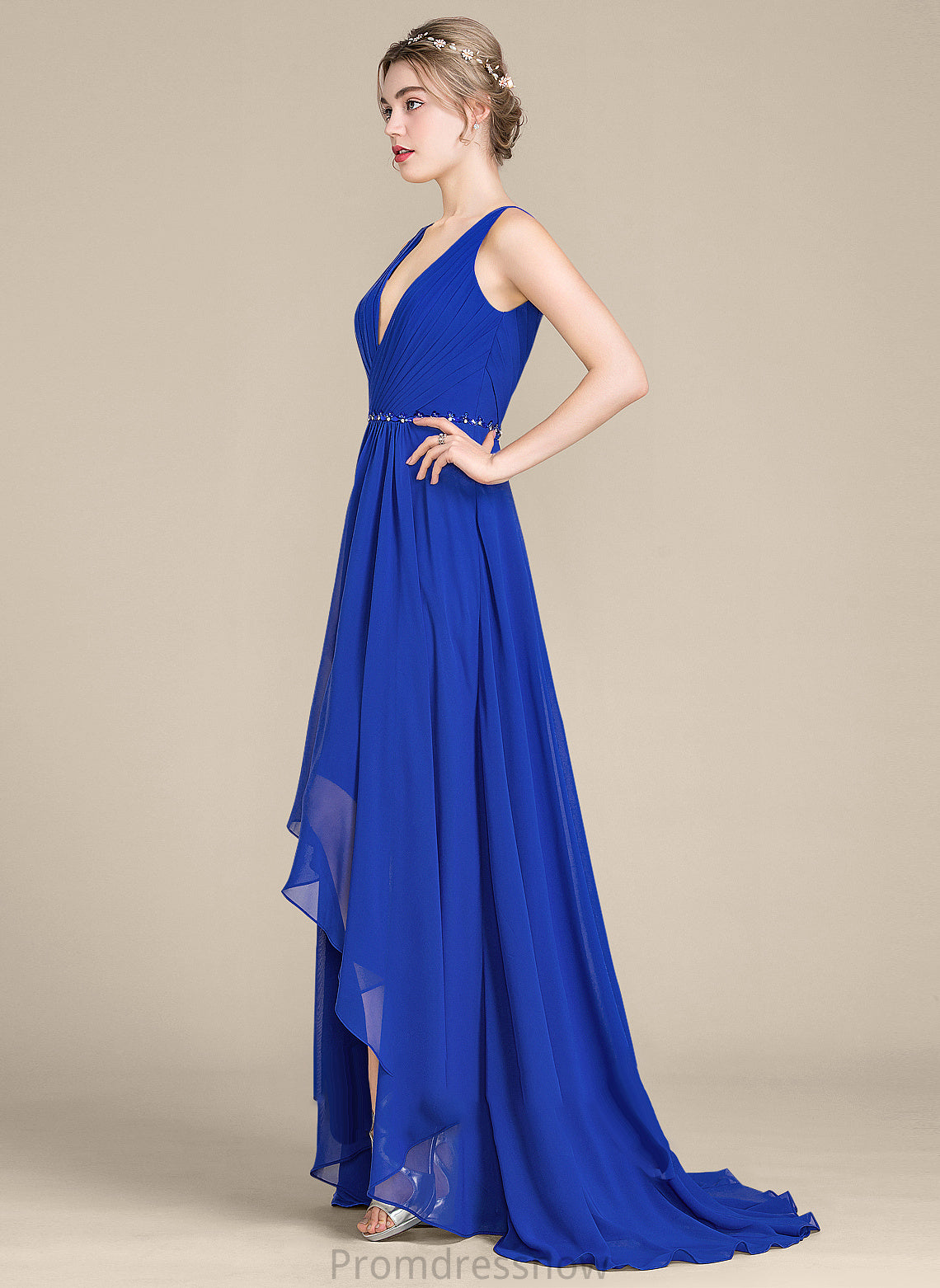 Sequins Embellishment Length Asymmetrical Silhouette V-neck A-Line Ruffle Fabric Beading Neckline Thelma Bridesmaid Dresses