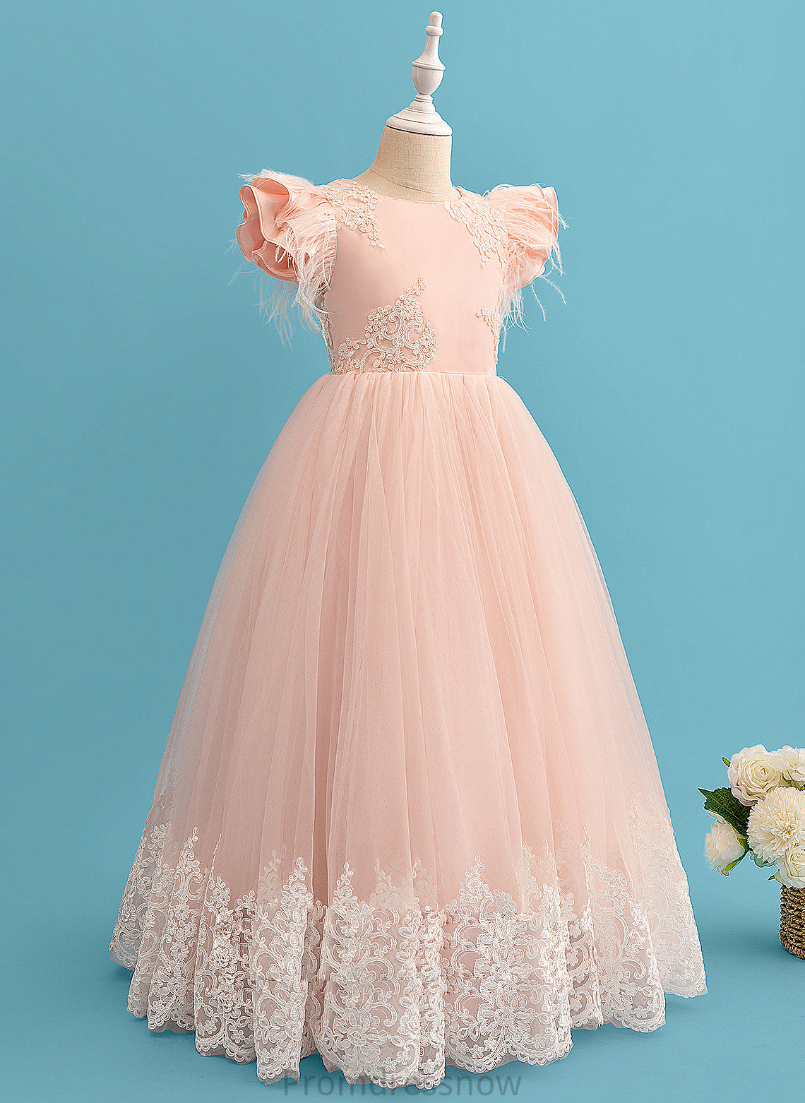 With Sleeves Scoop - Lace Ruffles/Feather/Bow(s) Ball-Gown/Princess Flower Presley Girl Flower Girl Dresses Dress Short Floor-length Neck