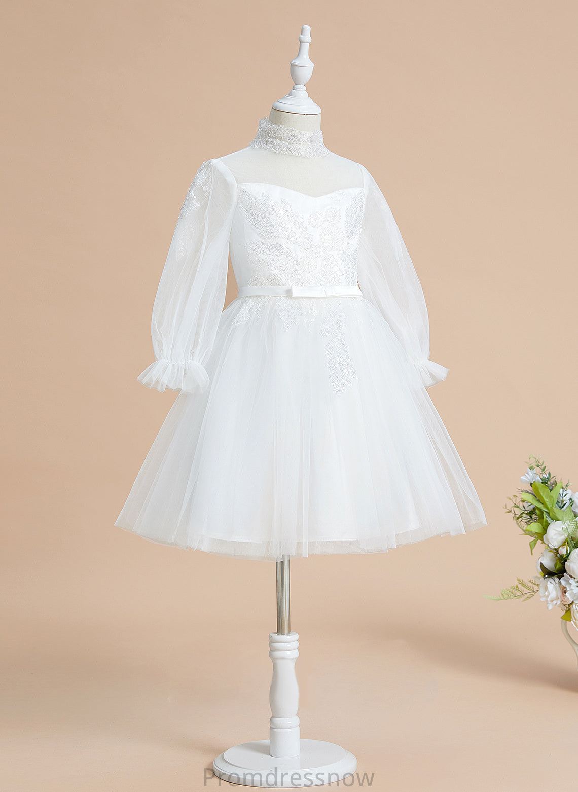 Knee-length Flower Girl Dresses - Girl Neck Sequins Tulle High Jaslene Dress Flower Sleeves A-Line With Long