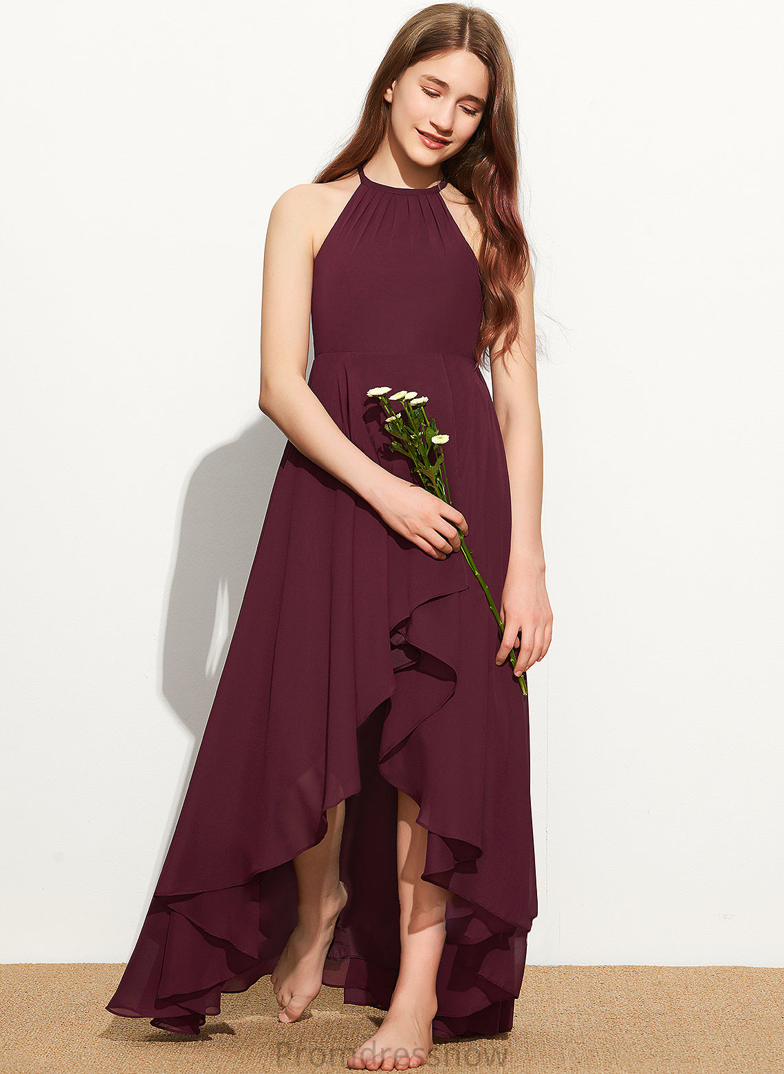 A-Line Ruffle Junior Bridesmaid Dresses Asymmetrical With Cameron Scoop Chiffon Neck