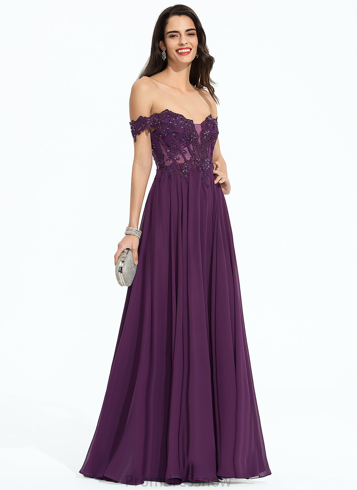 With Ball-Gown/Princess Off-the-Shoulder Sequins Lace Beading Floor-Length Prom Dresses Aryanna Chiffon