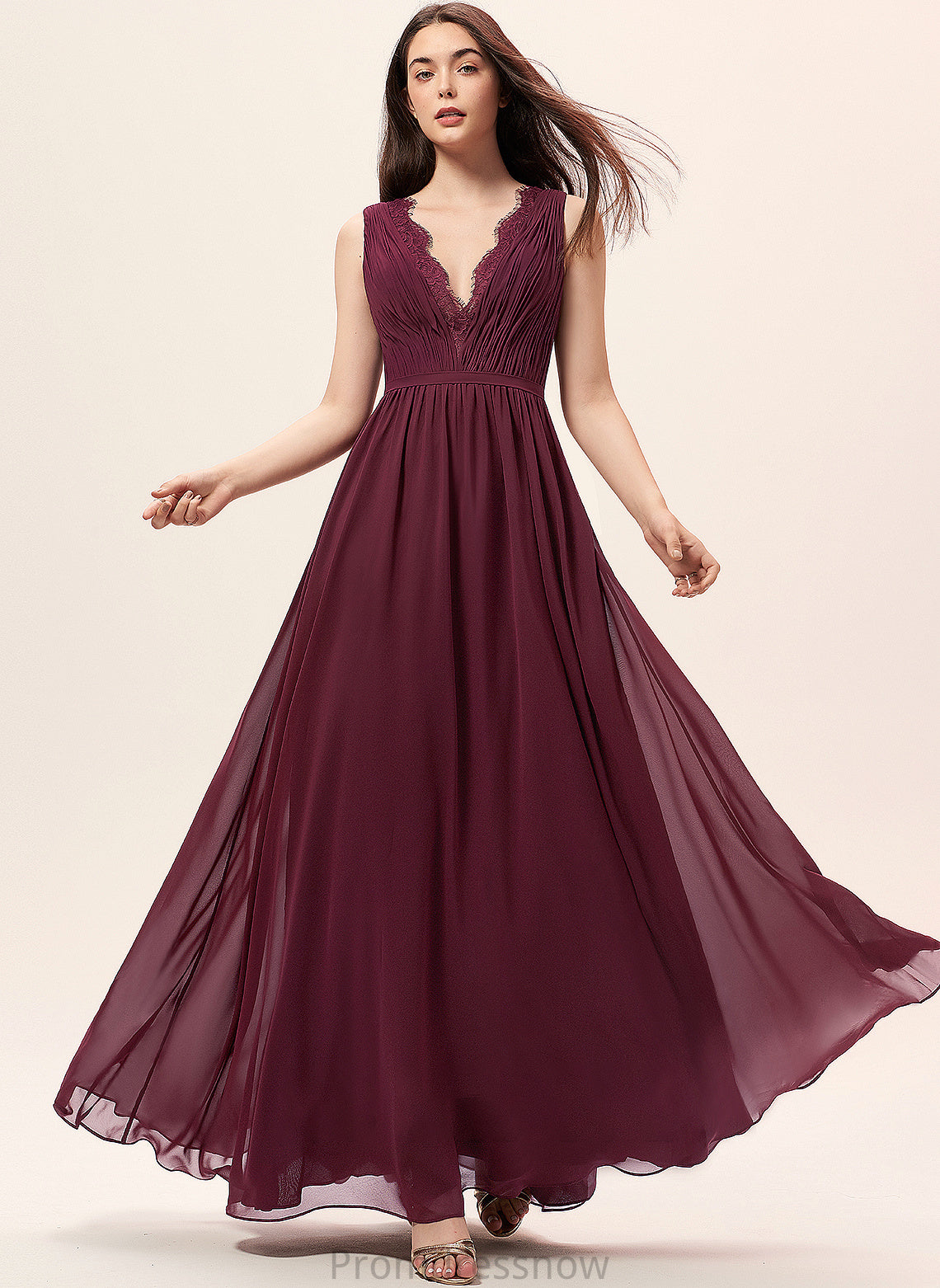 Silhouette Embellishment Ruffle Floor-Length A-Line V-neck Neckline Lace Fabric Length Emmalee Floor Length Bridesmaid Dresses