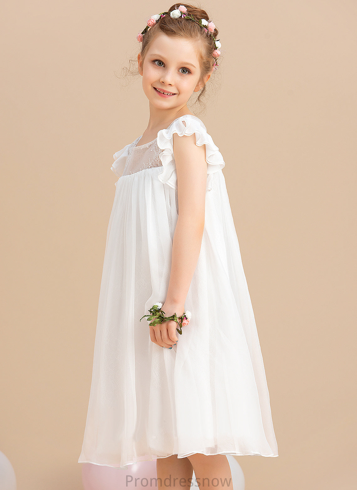 Chiffon Neck Sleeves Flower Girl Dresses With Salome Girl Lace Short Knee-length Dress - Scoop A-Line Flower