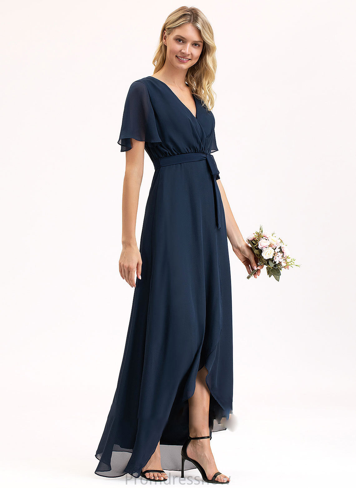 A-Line Neckline Fabric Embellishment Asymmetrical Length Silhouette Bow(s) V-neck Kennedi V-Neck Knee Length Bridesmaid Dresses