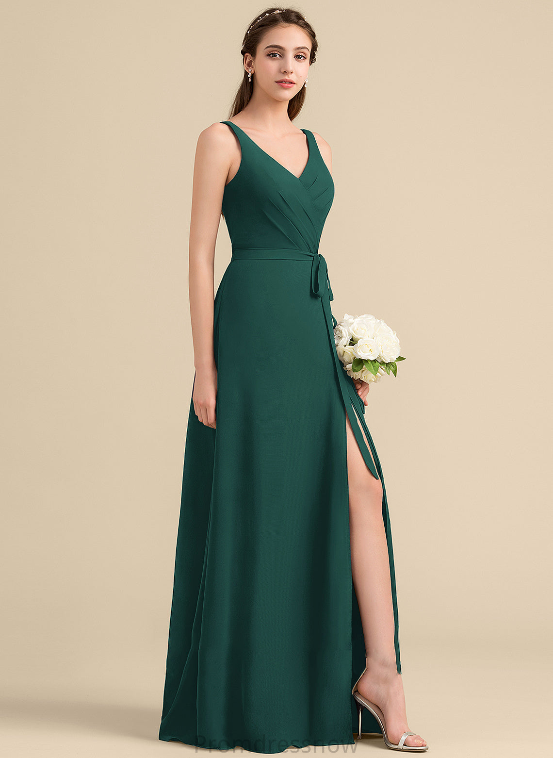 V-neck A-Line Bow(s) Fabric Neckline SplitFront Length Ruffle Silhouette Embellishment Floor-Length Melissa Bridesmaid Dresses