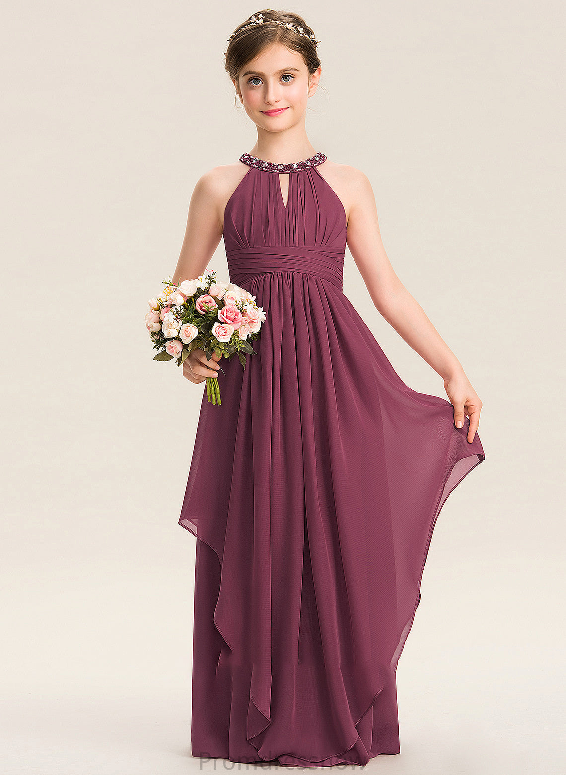 With Rachael Junior Bridesmaid Dresses Scoop A-Line Ruffle Beading Floor-Length Chiffon Neck