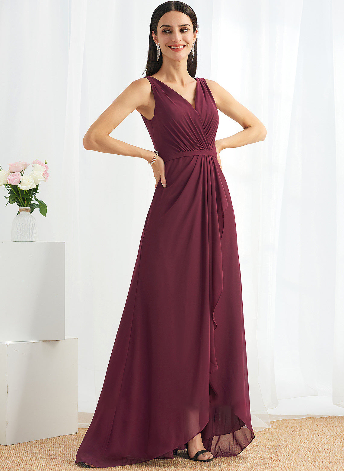 Fabric Length Embellishment Asymmetrical V-neck A-Line SplitFront Silhouette Neckline Callie A-Line/Princess Sleeveless Bridesmaid Dresses