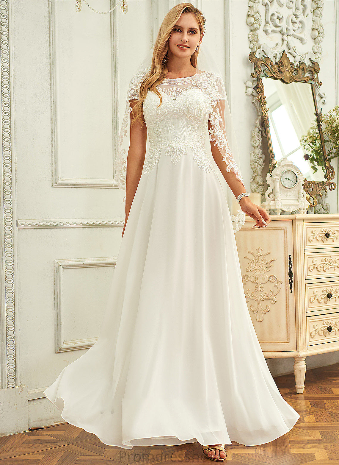 With A-Line Neck Lace Chiffon Wedding Wedding Dresses Floor-Length Daniela Sequins Scoop Dress