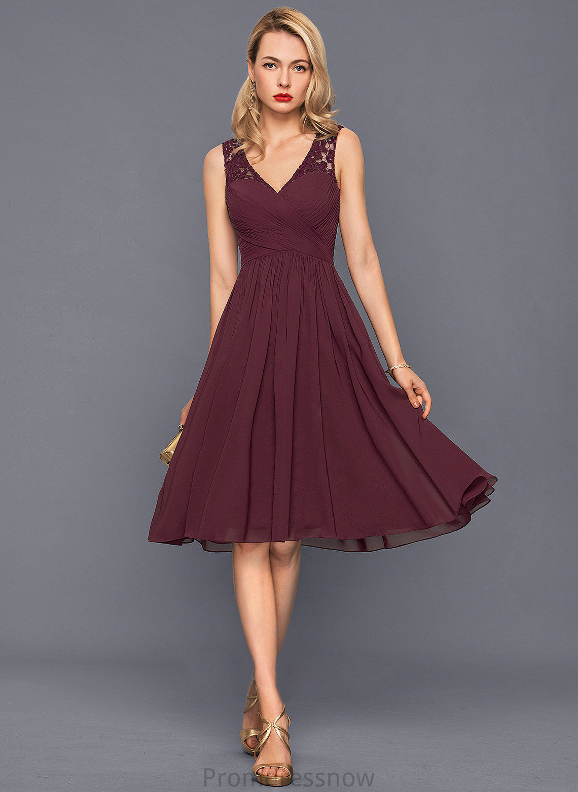 Neckline Embellishment Length Knee-Length V-neck Silhouette Fabric A-Line Ruffle Precious Sleeveless Natural Waist Bridesmaid Dresses