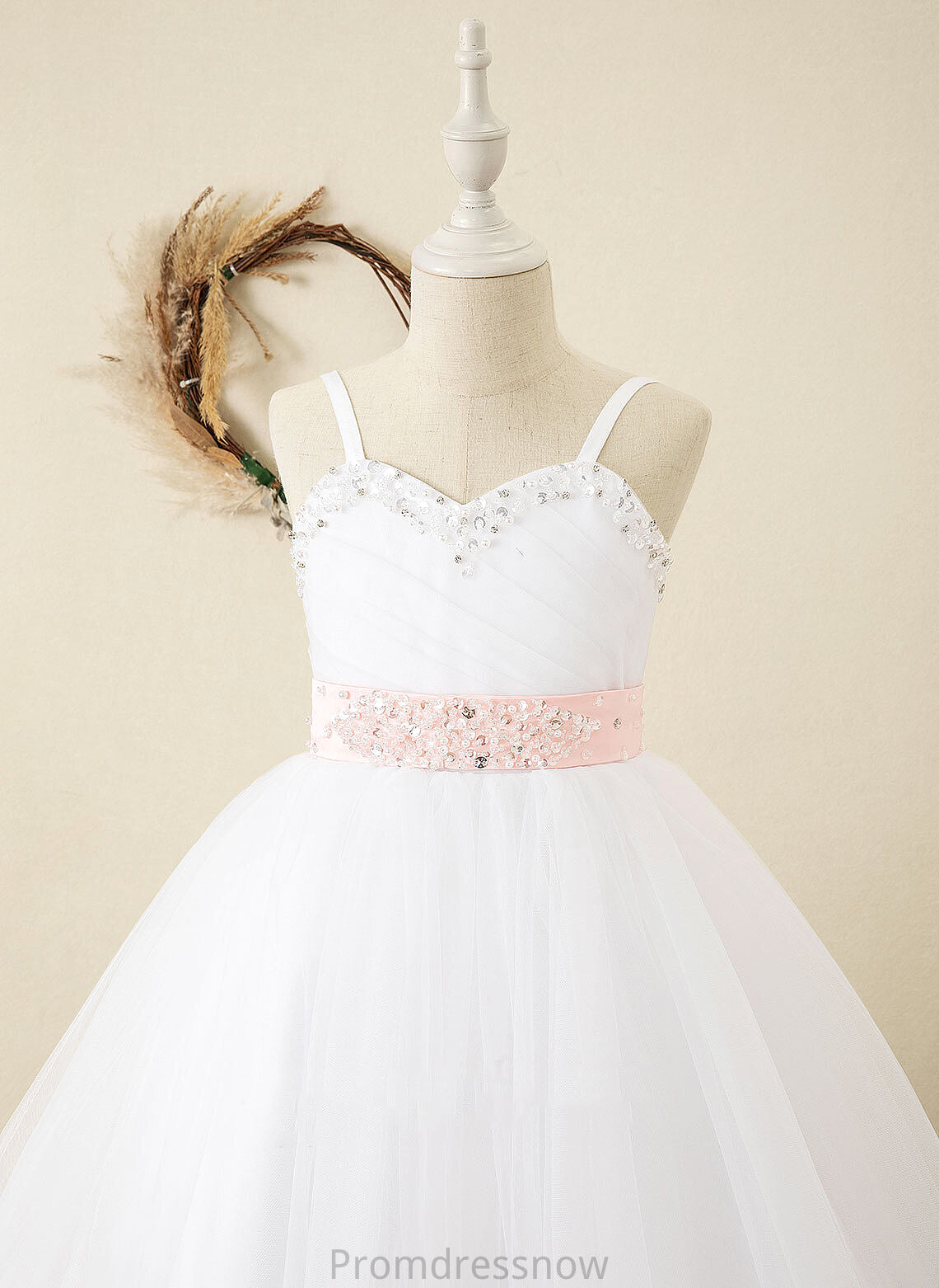 Flower Ball-Gown/Princess (Detachable Flower Girl Dresses - Satin Girl Sash/Rhinestone Floor-length Straps Dress Sleeveless sash) With Kay