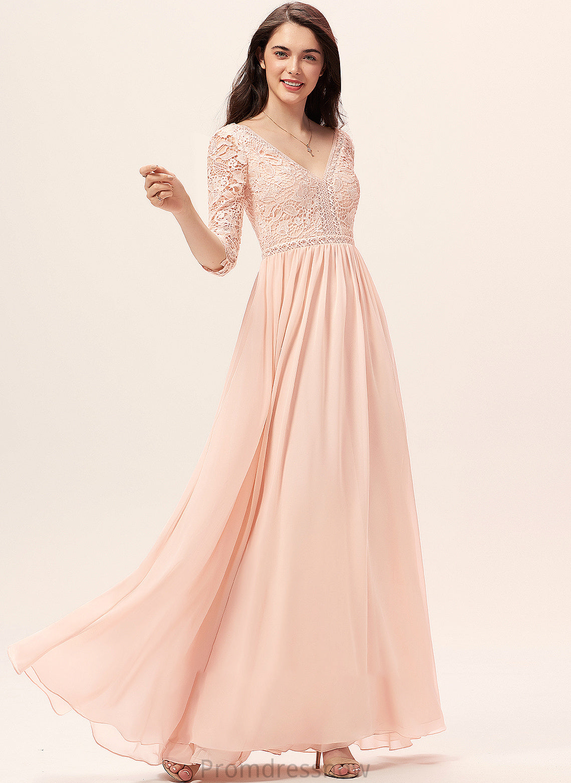 Floor-Length Silhouette A-Line V-neck Straps Length Fabric Neckline Lace Lillie Floor Length Natural Waist Bridesmaid Dresses