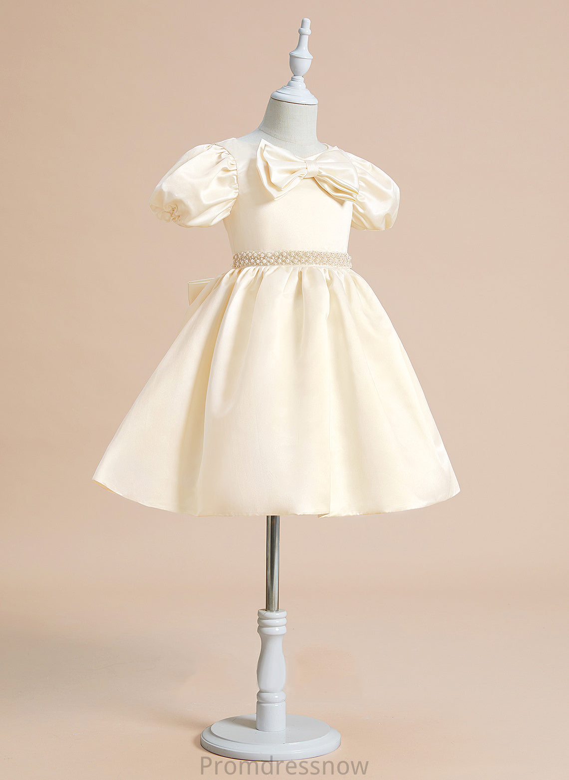 Dress Girl Beading/Bow(s) Marlie Short Ball-Gown/Princess - Satin Knee-length Flower Girl Dresses With Flower V-neck Sleeves