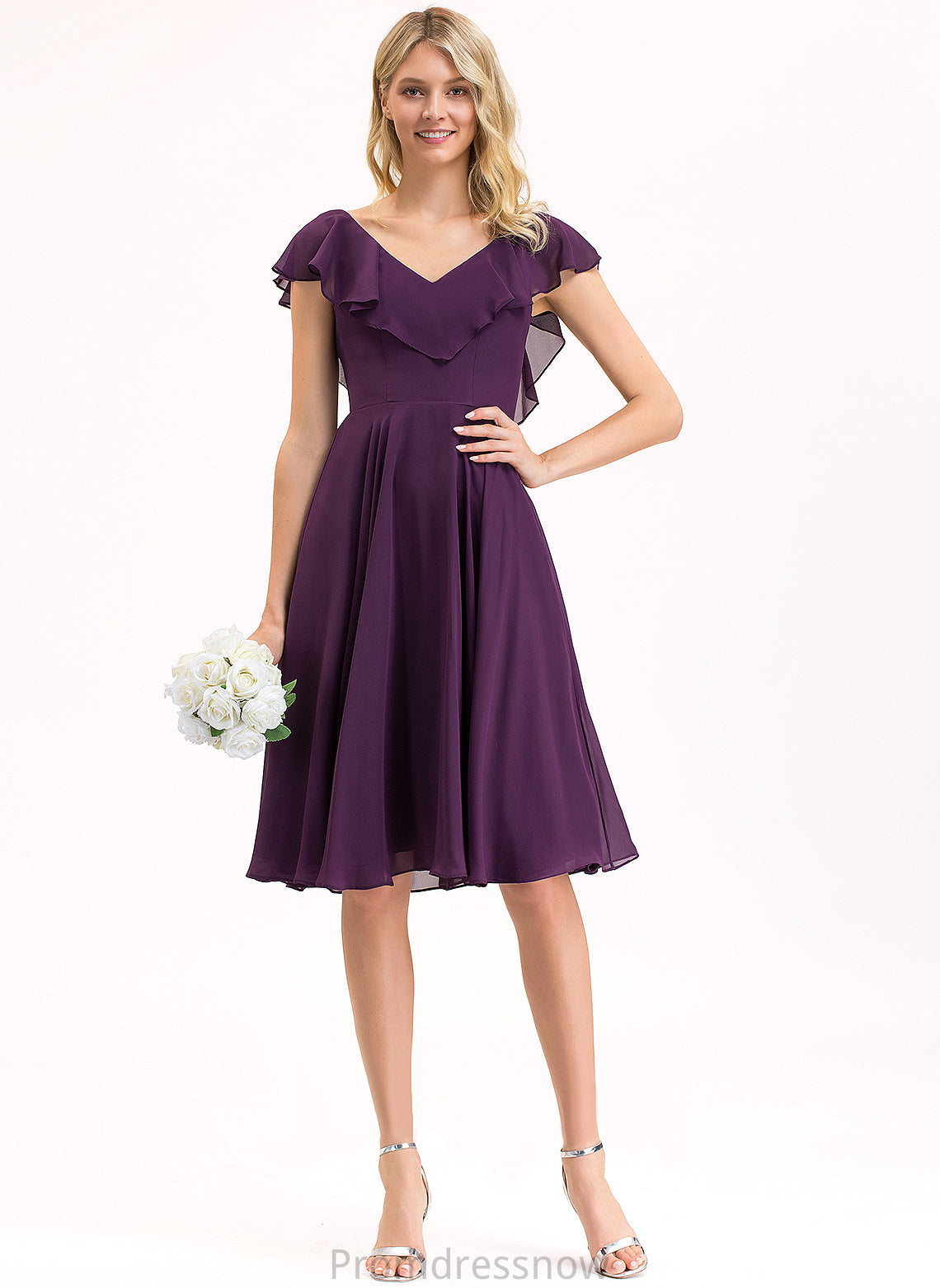 With Cascading Ruffles A-Line Chiffon Knee-Length Dress V-neck Cocktail Dresses Cocktail Amara